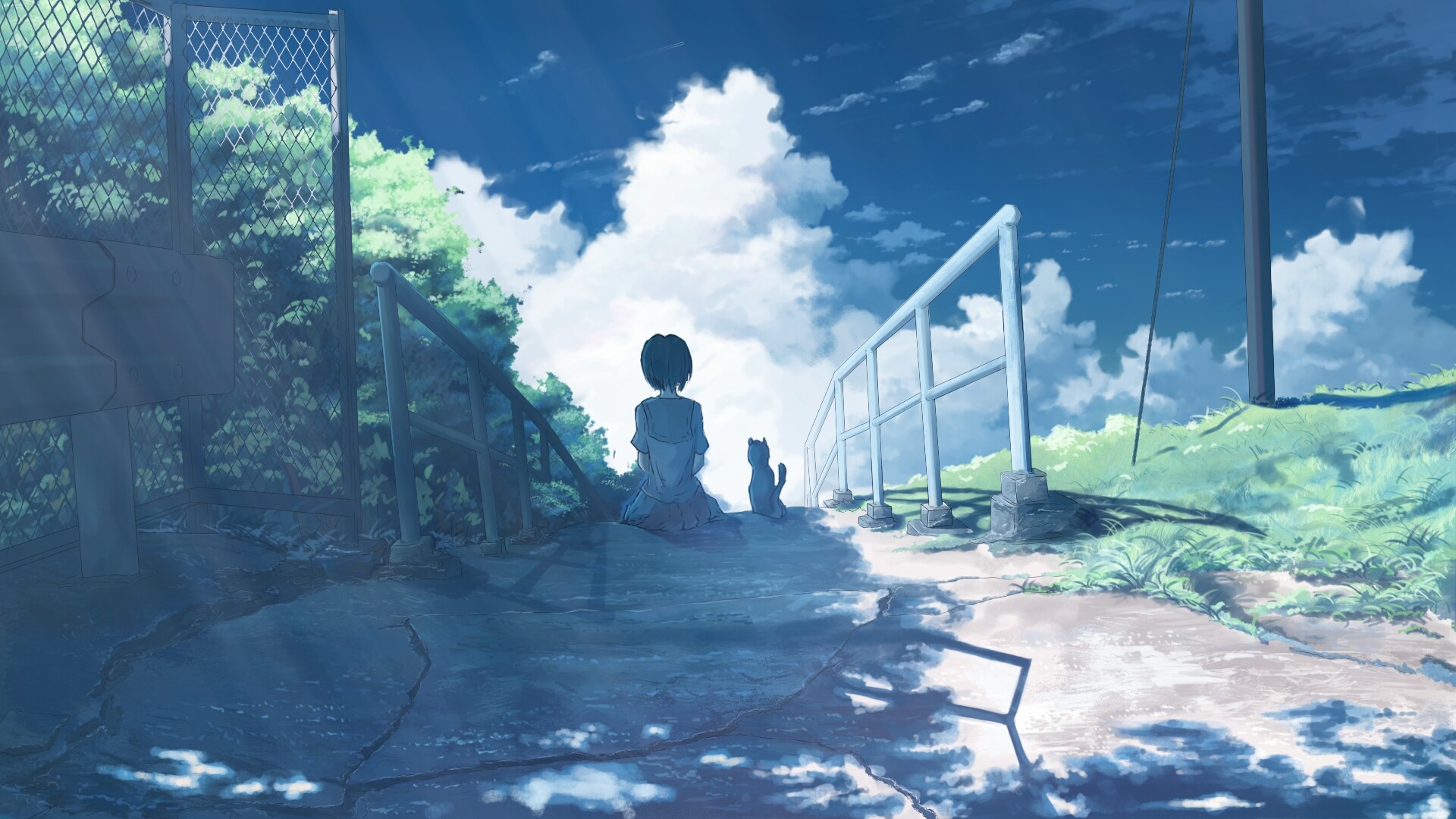 anime, anime girls, artwork, clouds, landscape, sky, cats, fence, HD Wallpaper