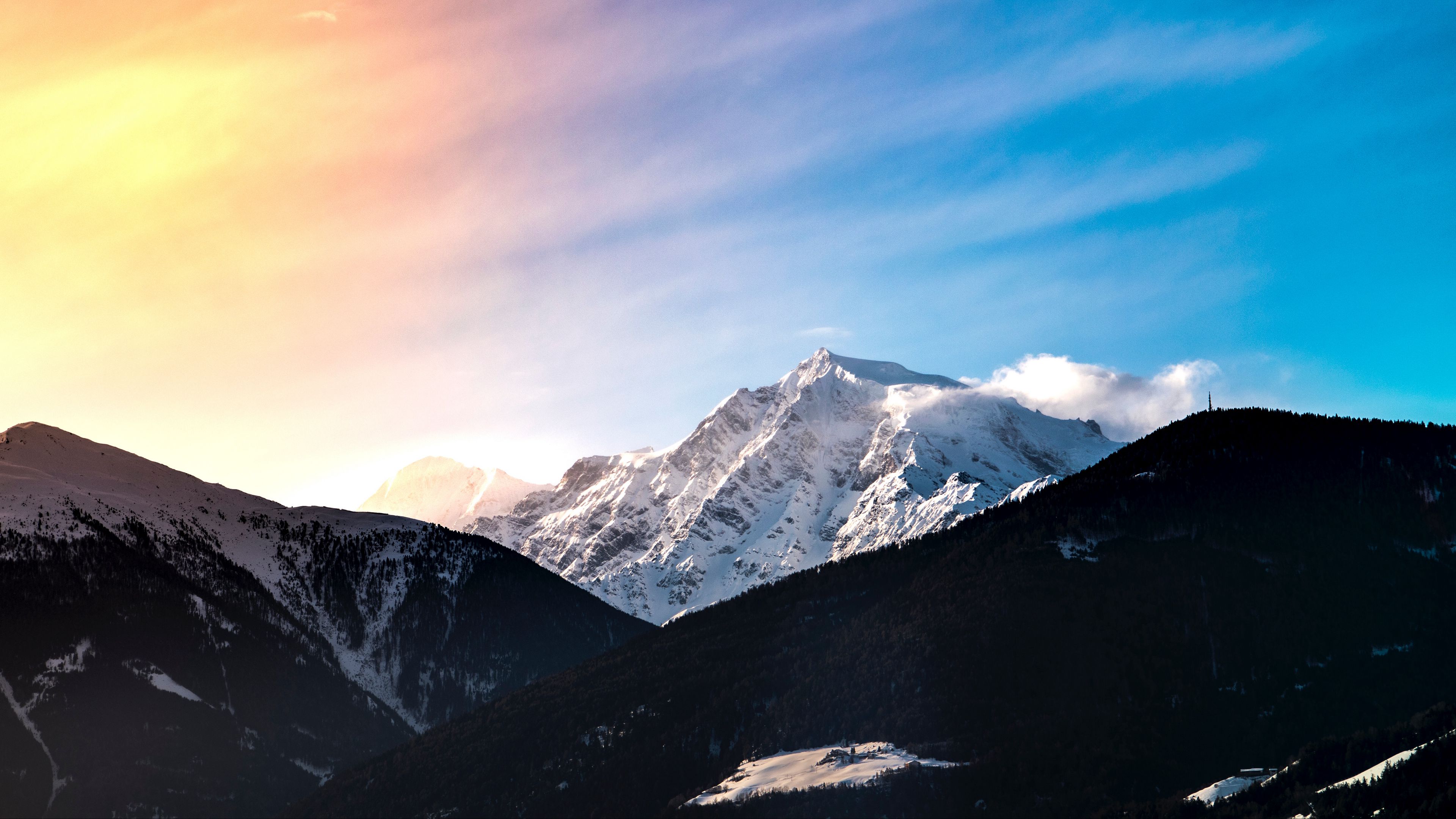 mountains, peak, landscape, forest, snow, 4k, HD Wallpaper