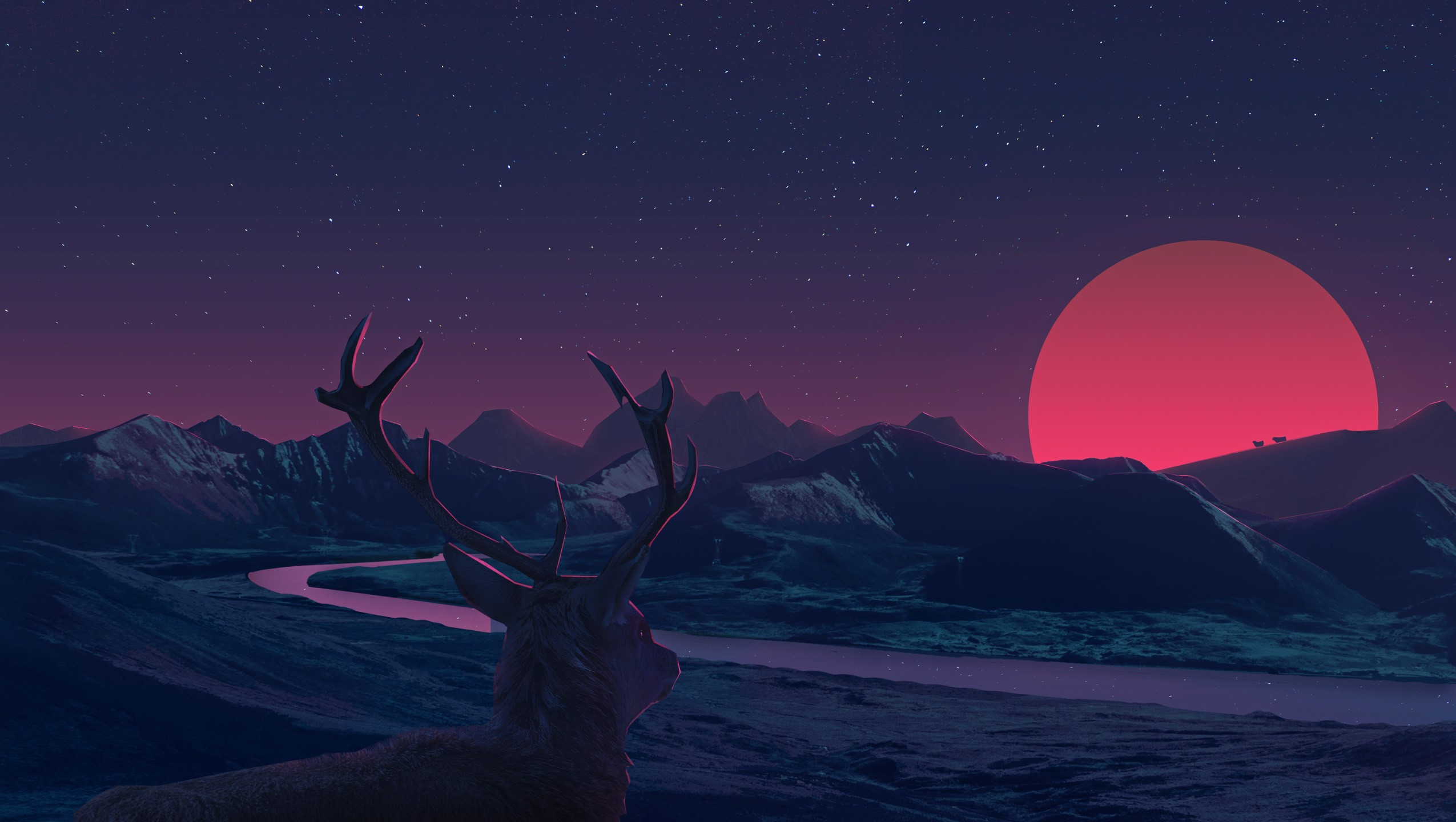 animals, night, river, landscape, artwork, deer, HD Wallpaper