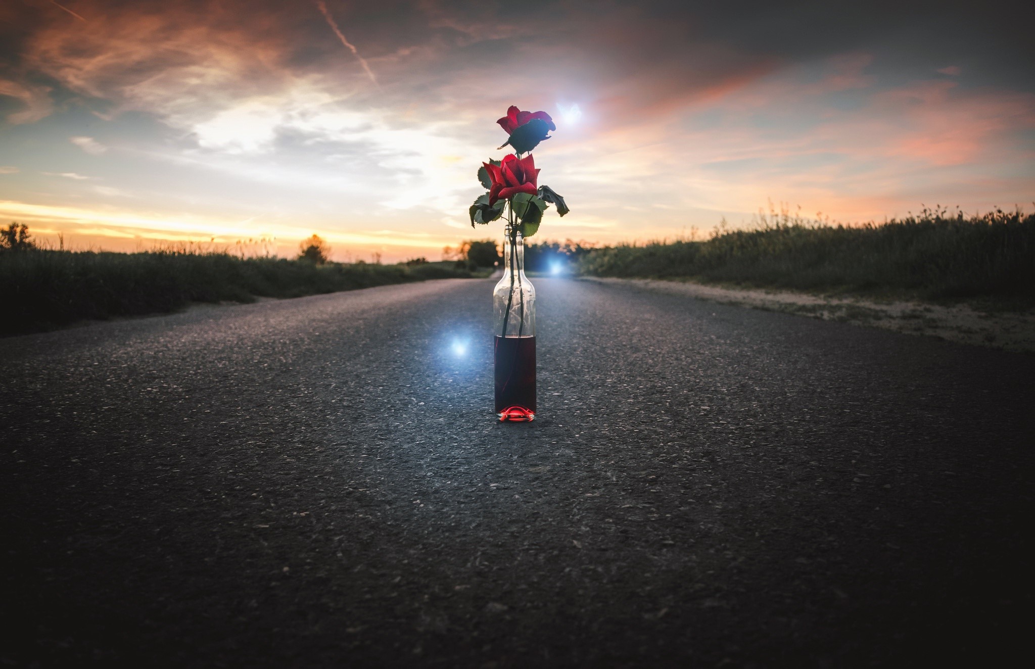 bottles, sky, sunlight, dark, asphalt, flowers, road, HD Wallpaper