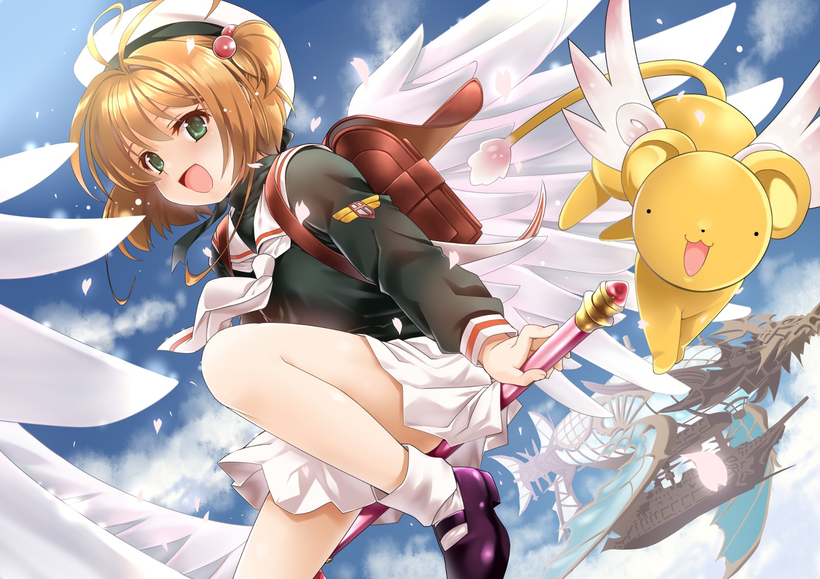 Card Captor Sakura, Kinomoto Sakura, wings, green eyes, brunette, HD Wallpaper