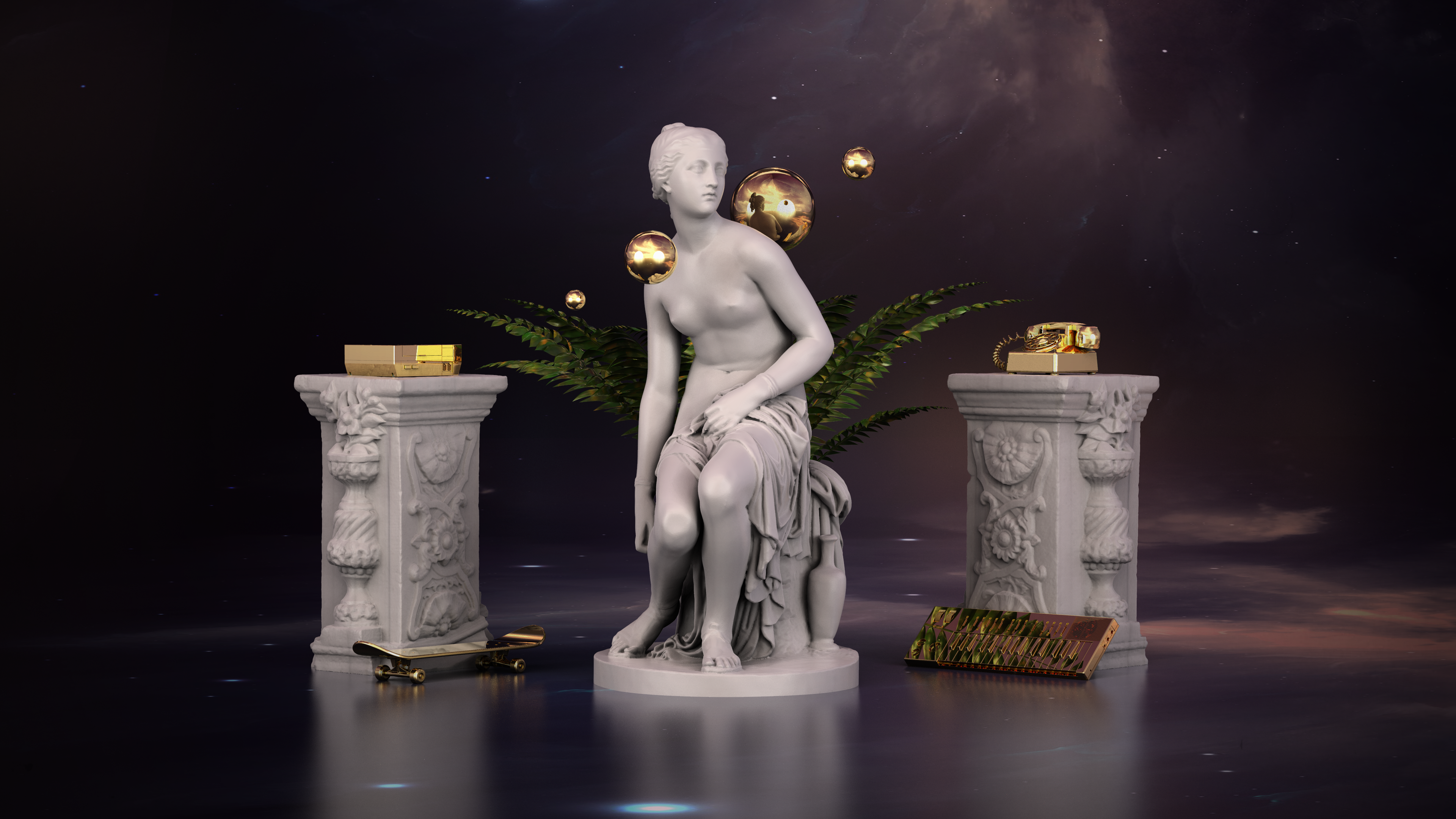 3D, space, marble, gold, Nintendo Entertainment System, skateboard, piano, Synth, phone, statue, ferns, HD Wallpaper