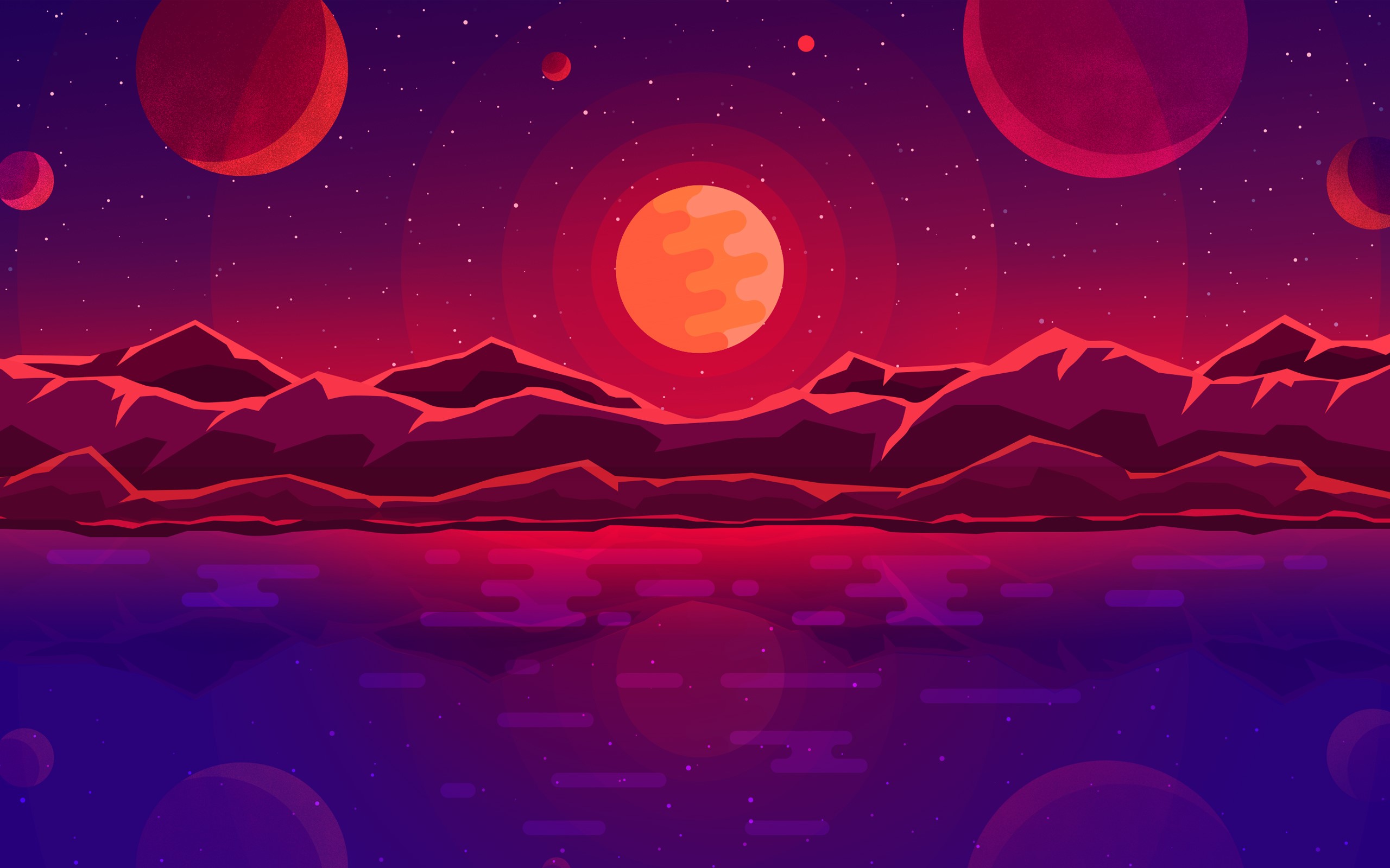 sunset, artwork, mountains, Sun, stars, HD Wallpaper