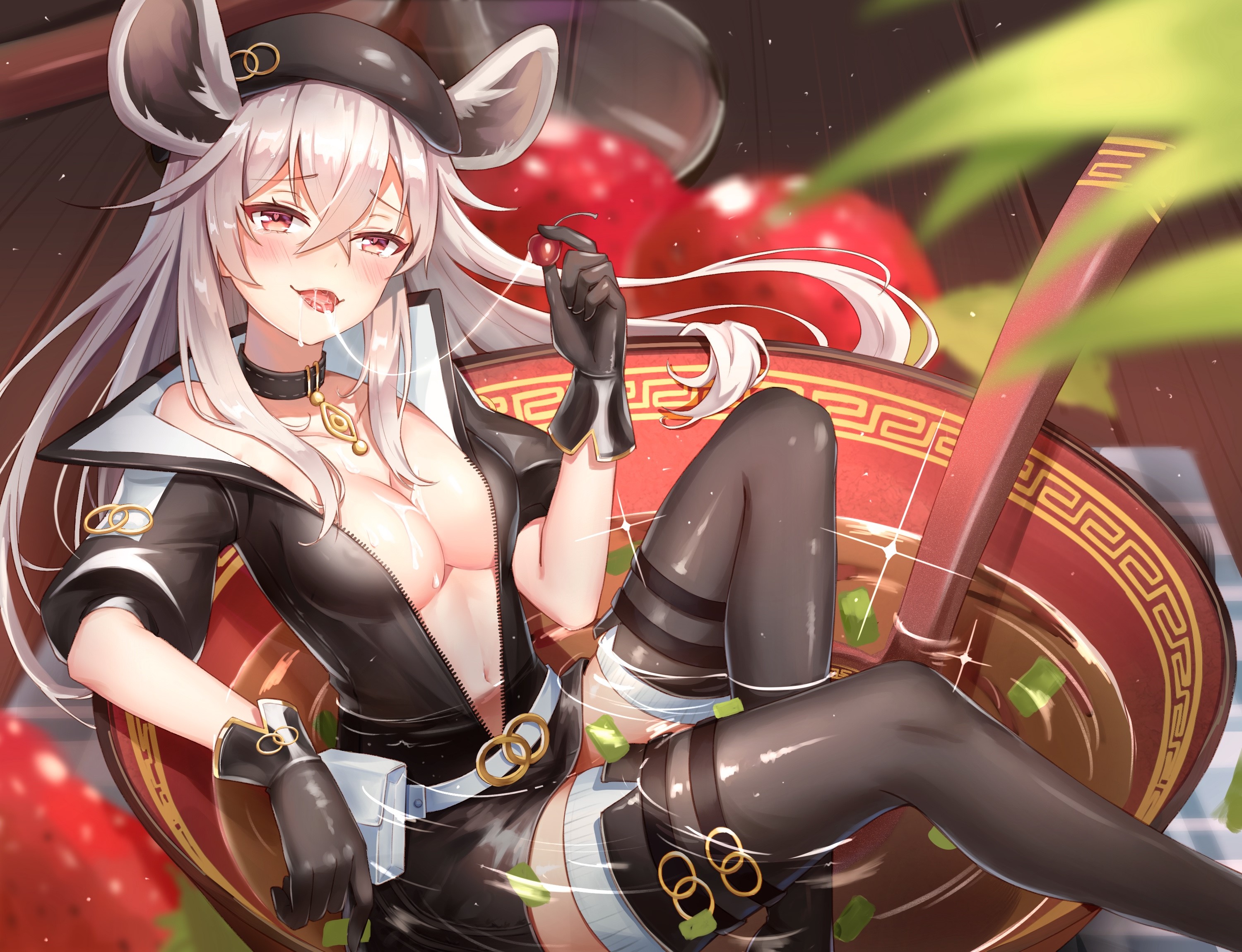 boobs, white hair, silver hair, animal ears, dress, no bra, open shirt, thigh-highs, wet, HD Wallpaper