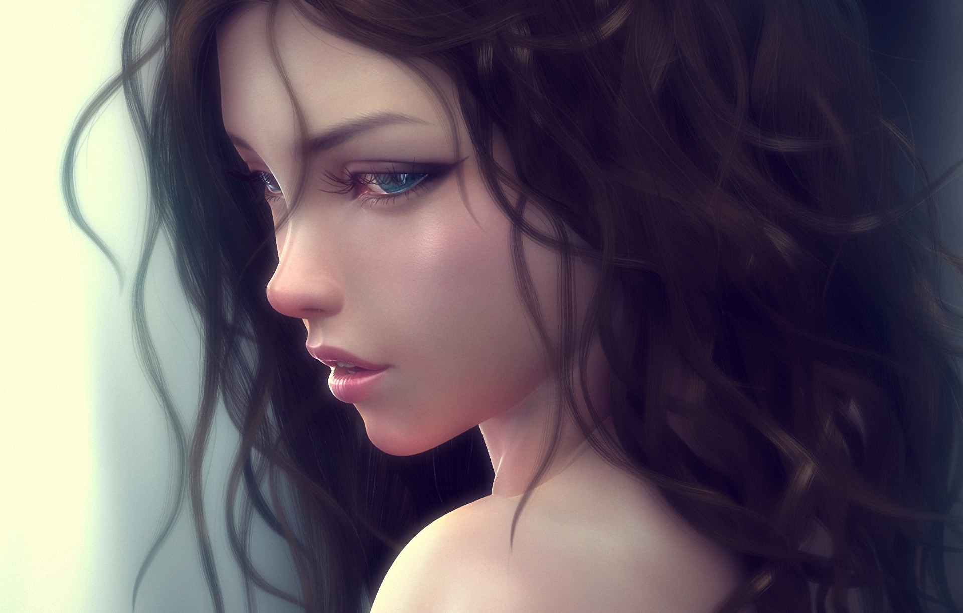 digital art, women, blue eyes, curly hair, HD Wallpaper