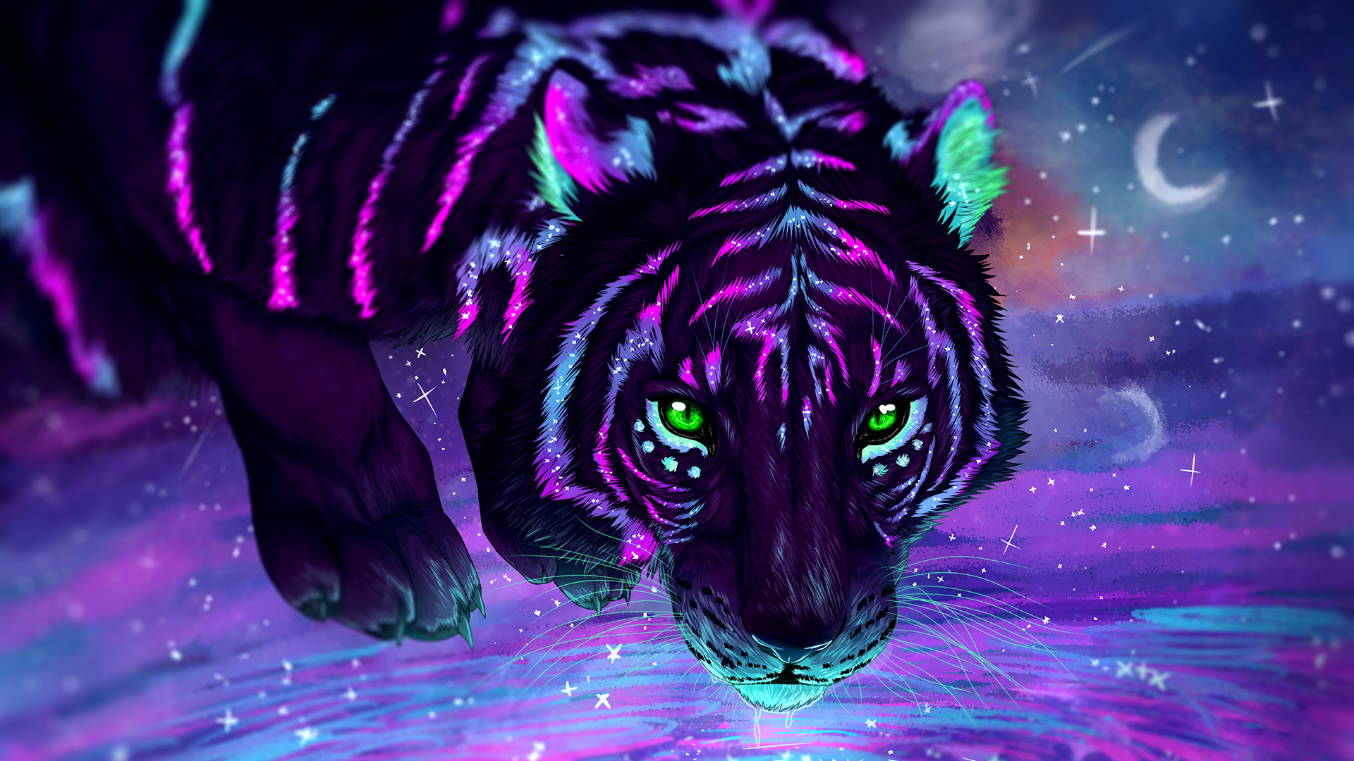 digital art, tiger, stars, galaxy, HD Wallpaper