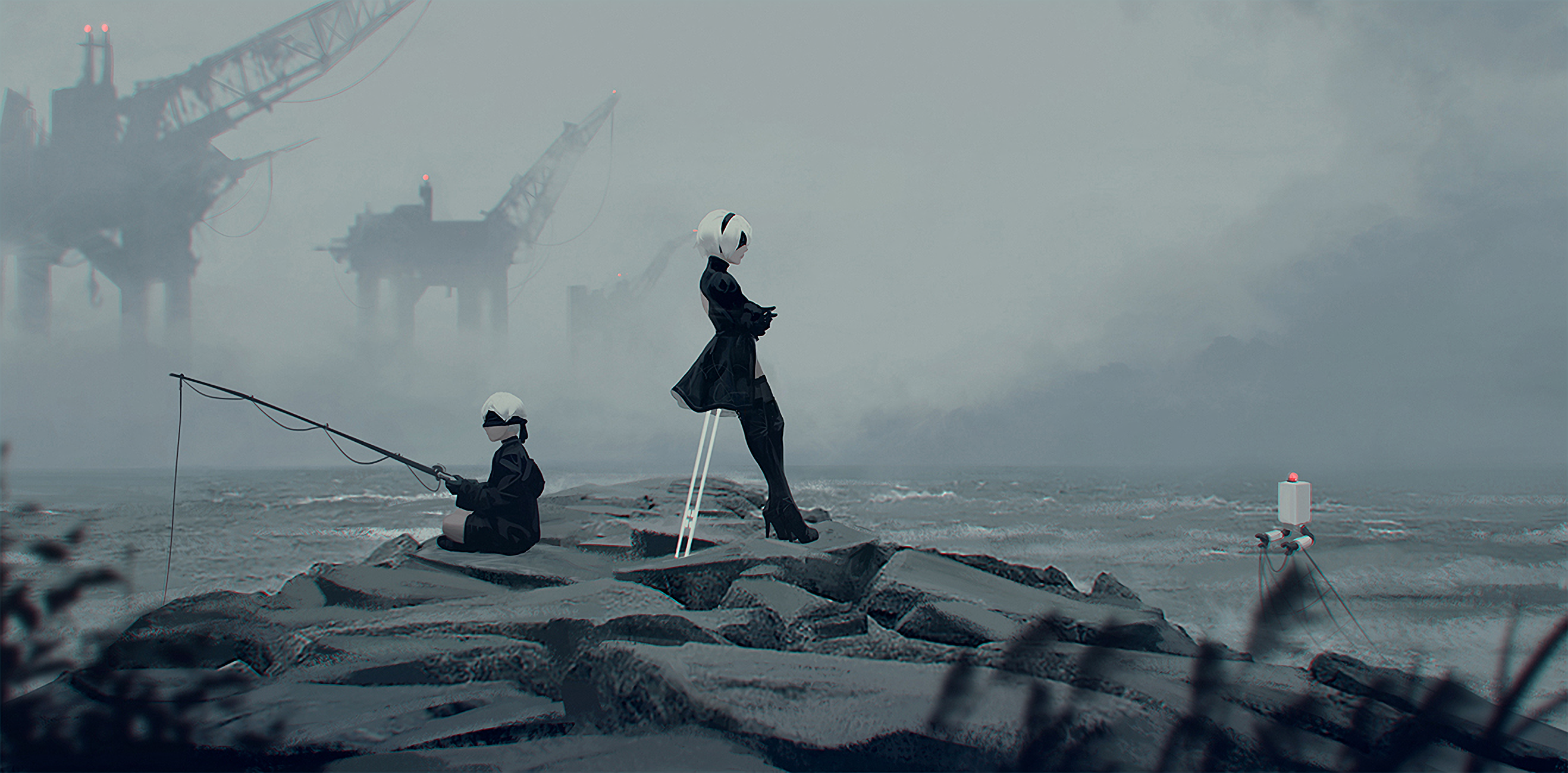 video games, Nier: Automata, 2B, fishing, 9S (Nier: Automata), 2B (Nier: Automata), NieR, white hair, science fiction, artwork, digital art, Z.W. Gu, HD Wallpaper