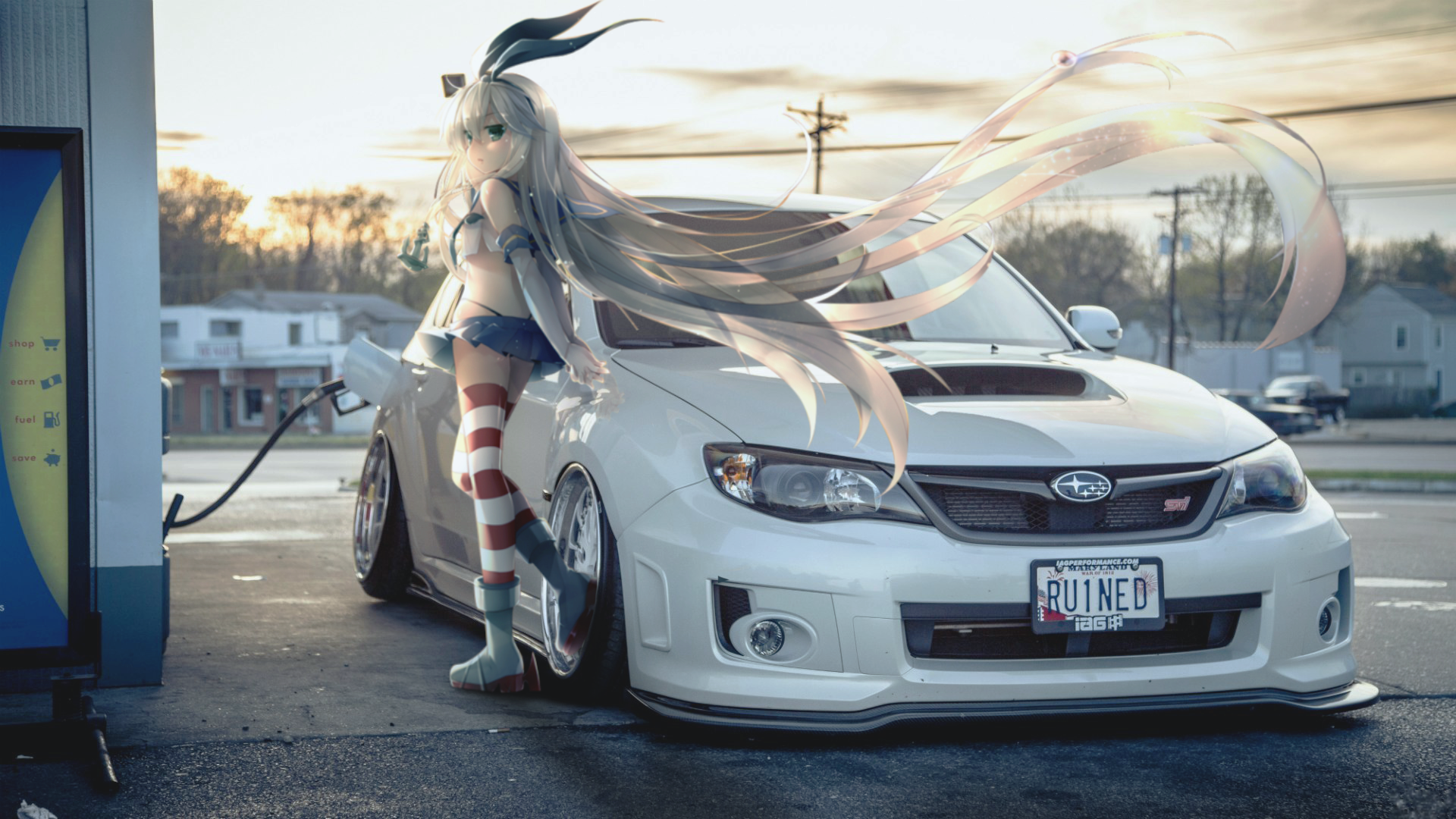 Shimakaze (Kancolle), Kantai Collection, blonde, long hair, gloves, sky, car, gas stations, HD Wallpaper