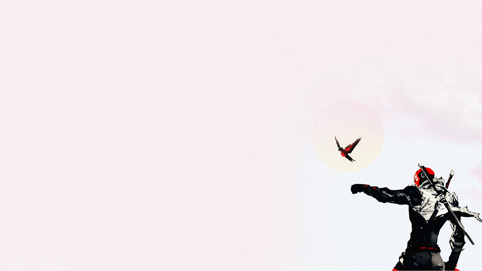 Red Hat, birds, robins, painting, ninjas, solid color, colorful, sun rays, sword, helmet, cape, katana, black outfits, dark gray code, pixel art, flying, pink, purple, Desktopography, grain, red, mask, clouds, Sun, Photoshop, 1920, HD Wallpaper