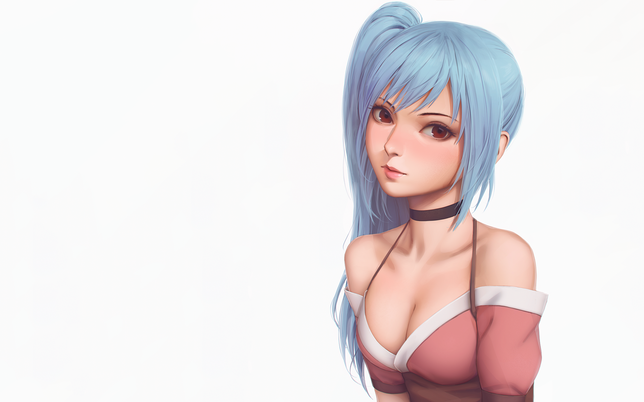 aqua hair, boobs, white background, long hair, ponytail, cleavage, collar, HD Wallpaper