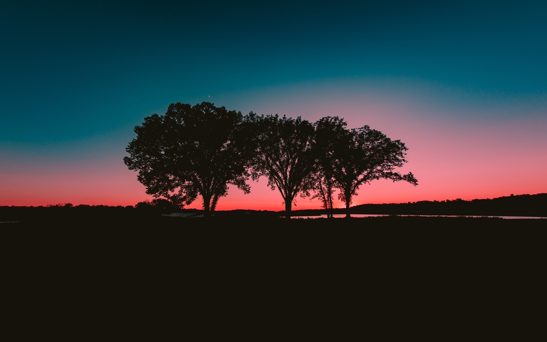 dark, landscape, sky, trees, sunlight, pink, red, silhouette, sunset, HD Wallpaper