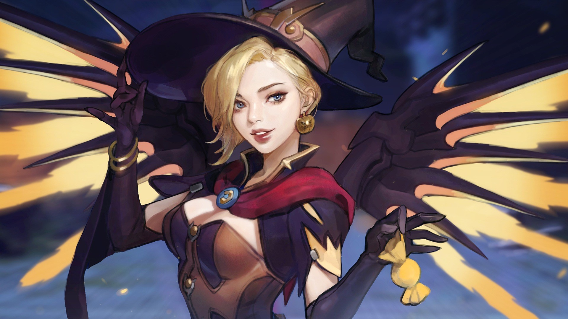 video games, digital art, artwork, women, Overwatch, Mercy (Overwatch), blonde, Witch Mercy, wings, cleavage, tight clothing, blue eyes, HD Wallpaper