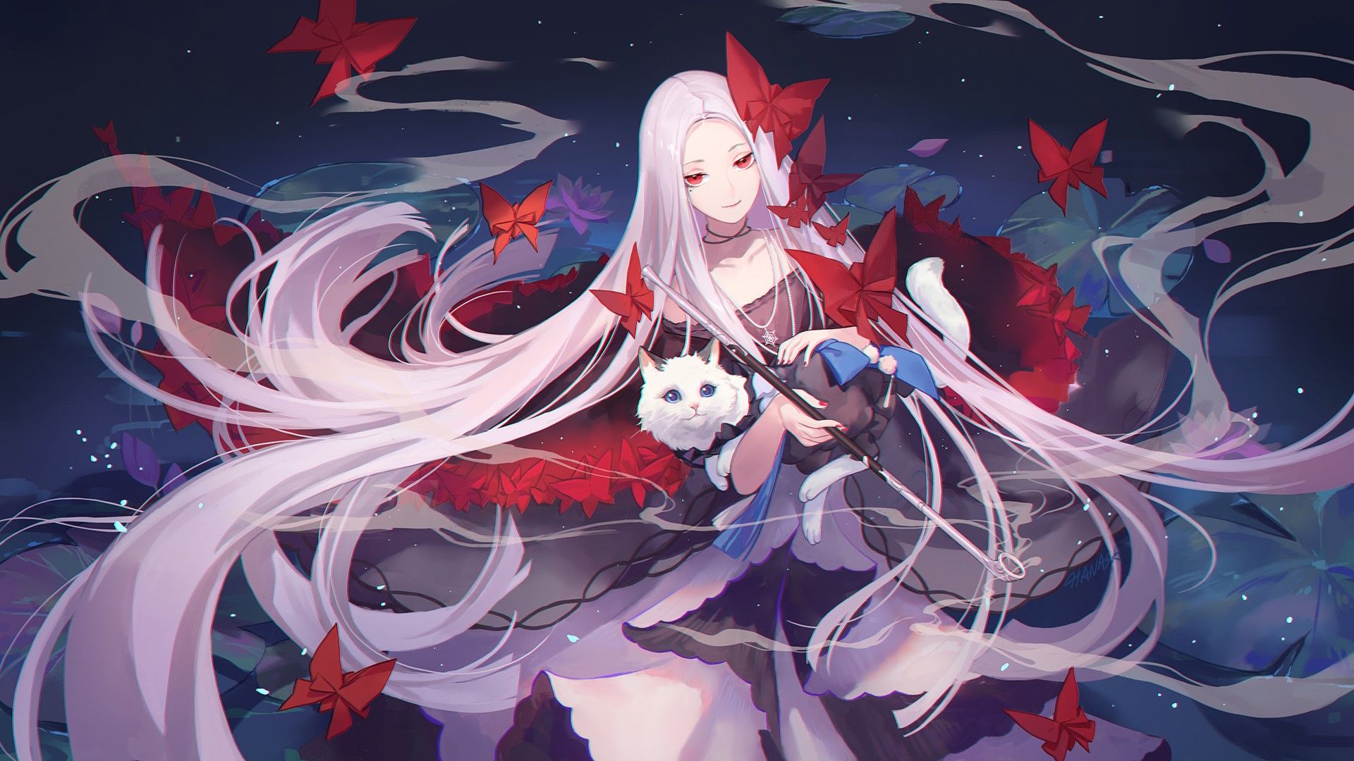 butterfly, long hair, cats, red eyes, hanasa, white hair, Forever 7th Capital, HD Wallpaper