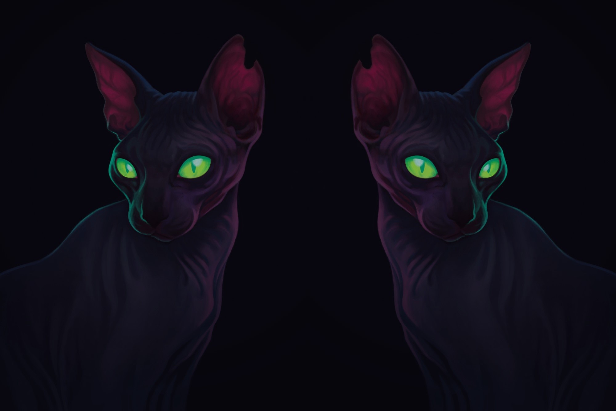 artwork, green eyes, dark, cats, animals, HD Wallpaper
