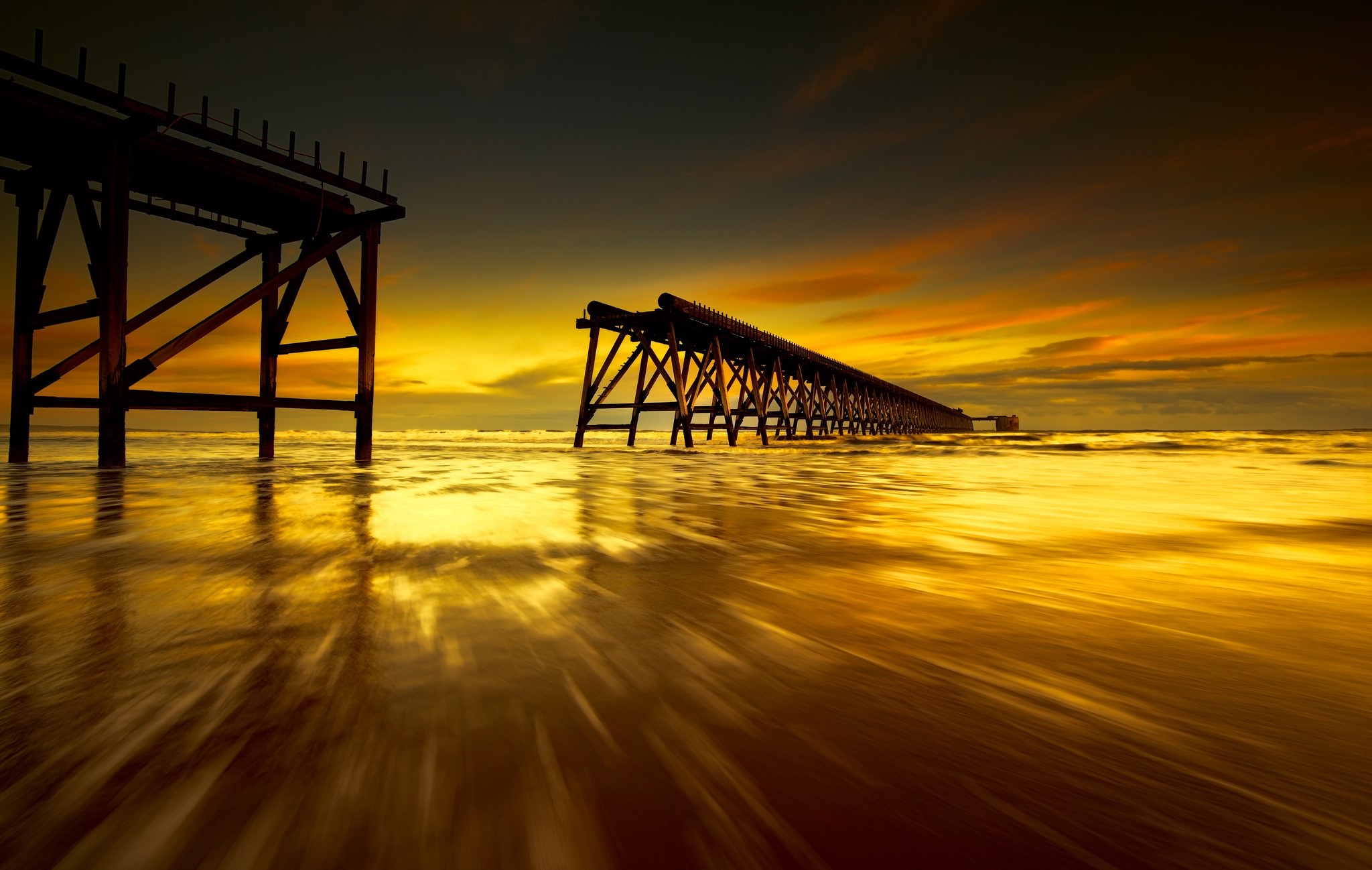 sunlight, sky, sea, pier, HD Wallpaper