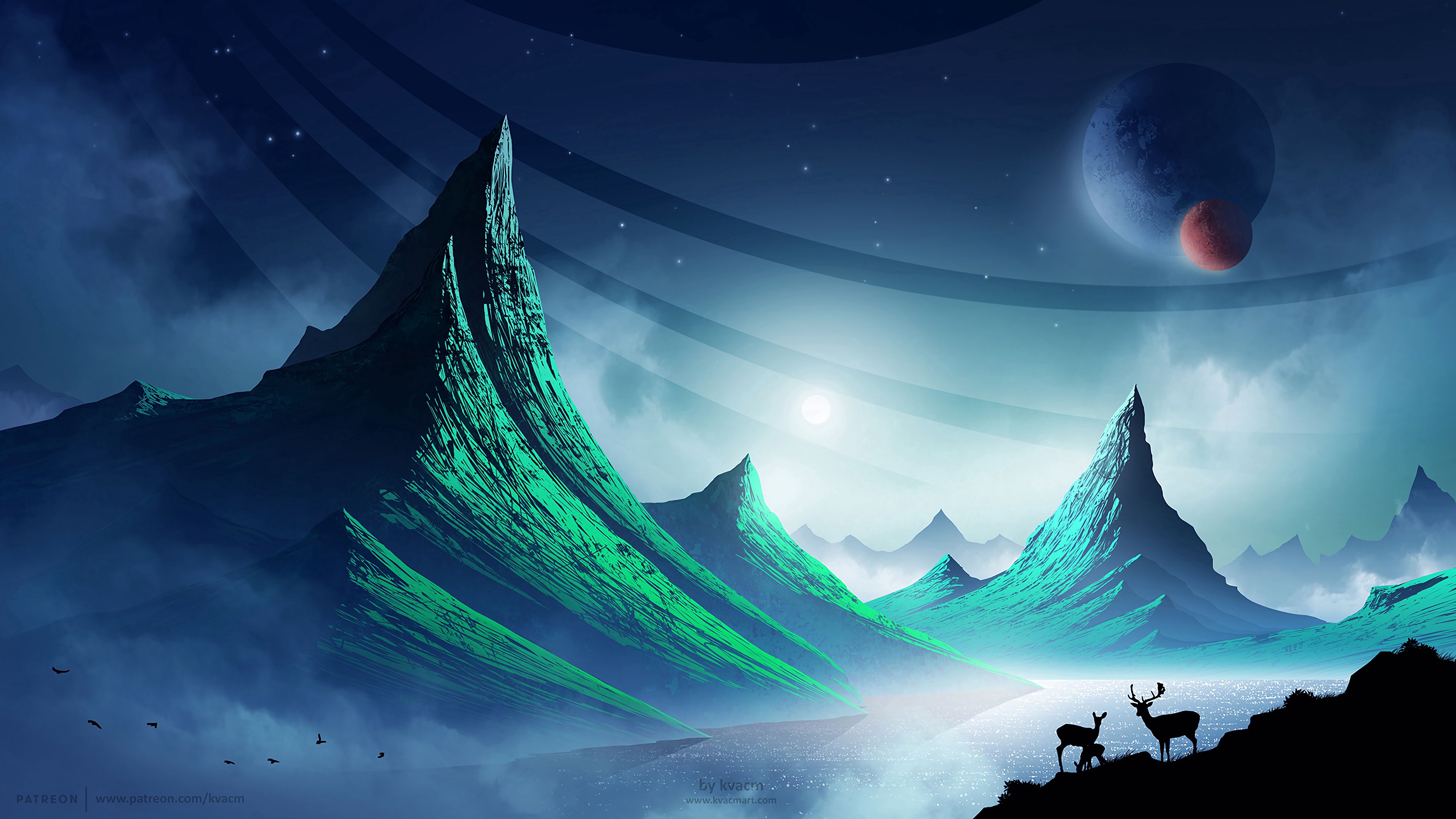 deer, mountains, art, landscape, night, space, 4k, HD Wallpaper