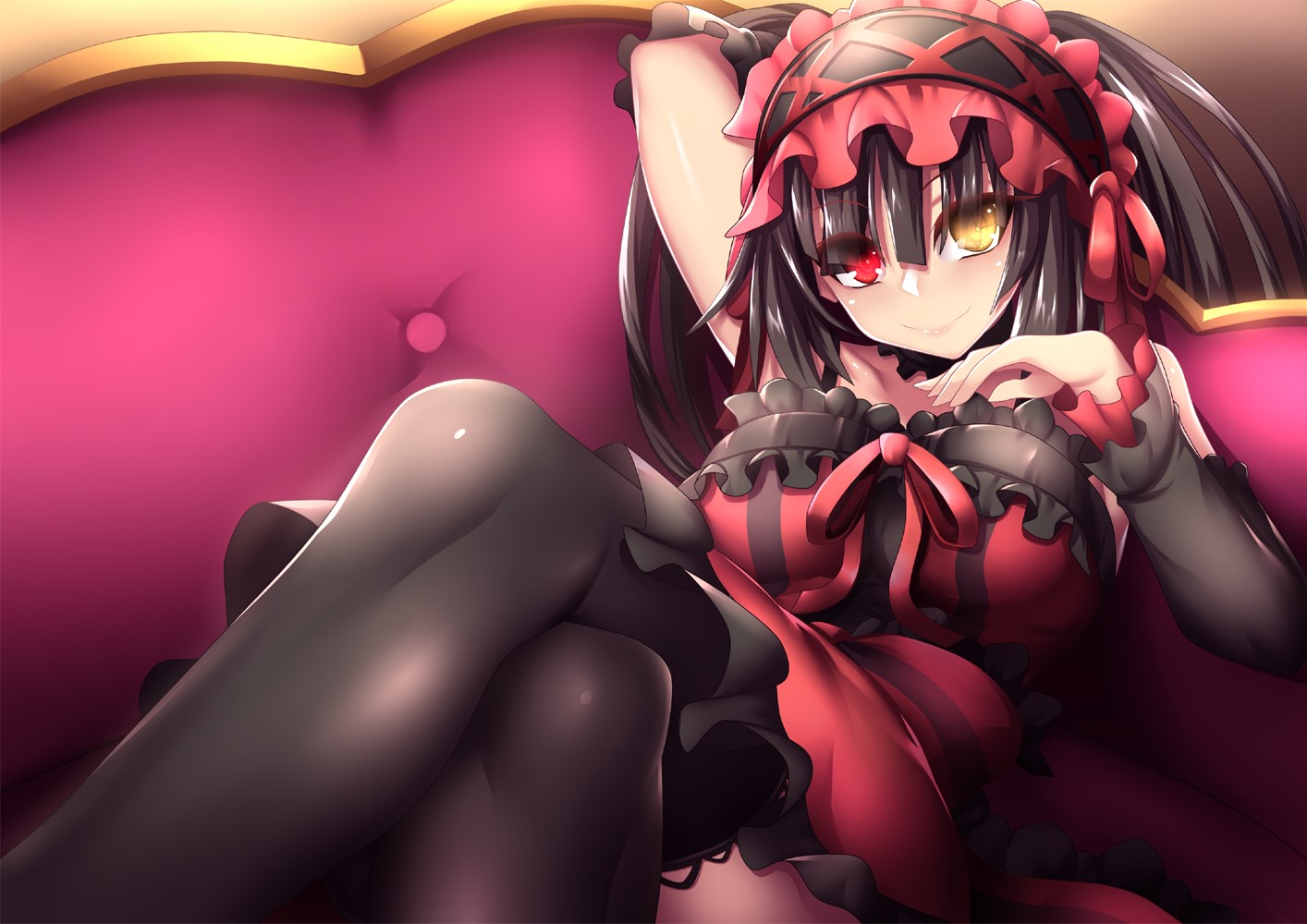 Date A Live, Tokisaki Kurumi, red dress, thigh-highs, stockings, headdress, red ribbon, heterochromia, HD Wallpaper