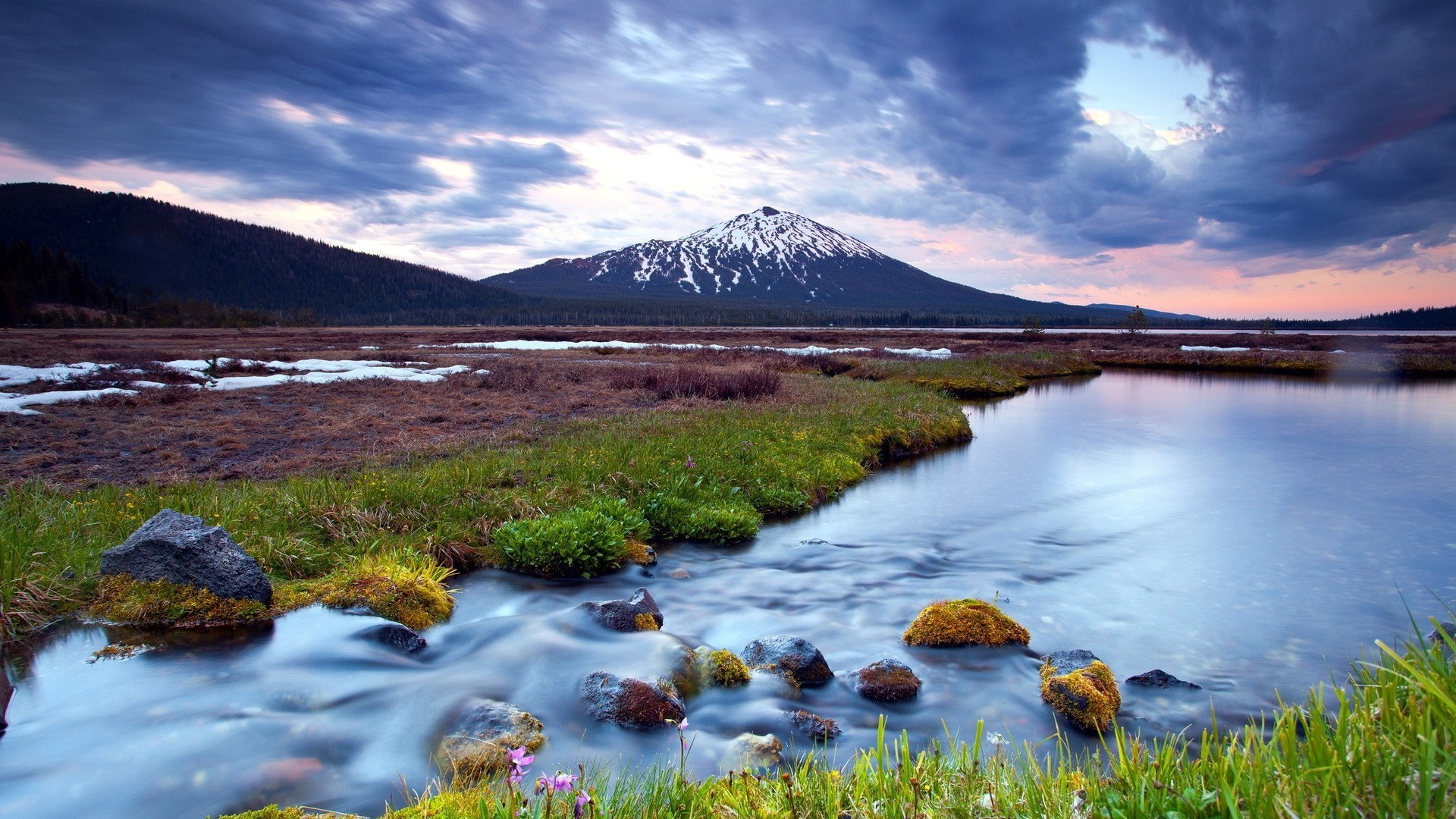 nature, mountains, river, clouds, stones, stone, long exposure, HD Wallpaper