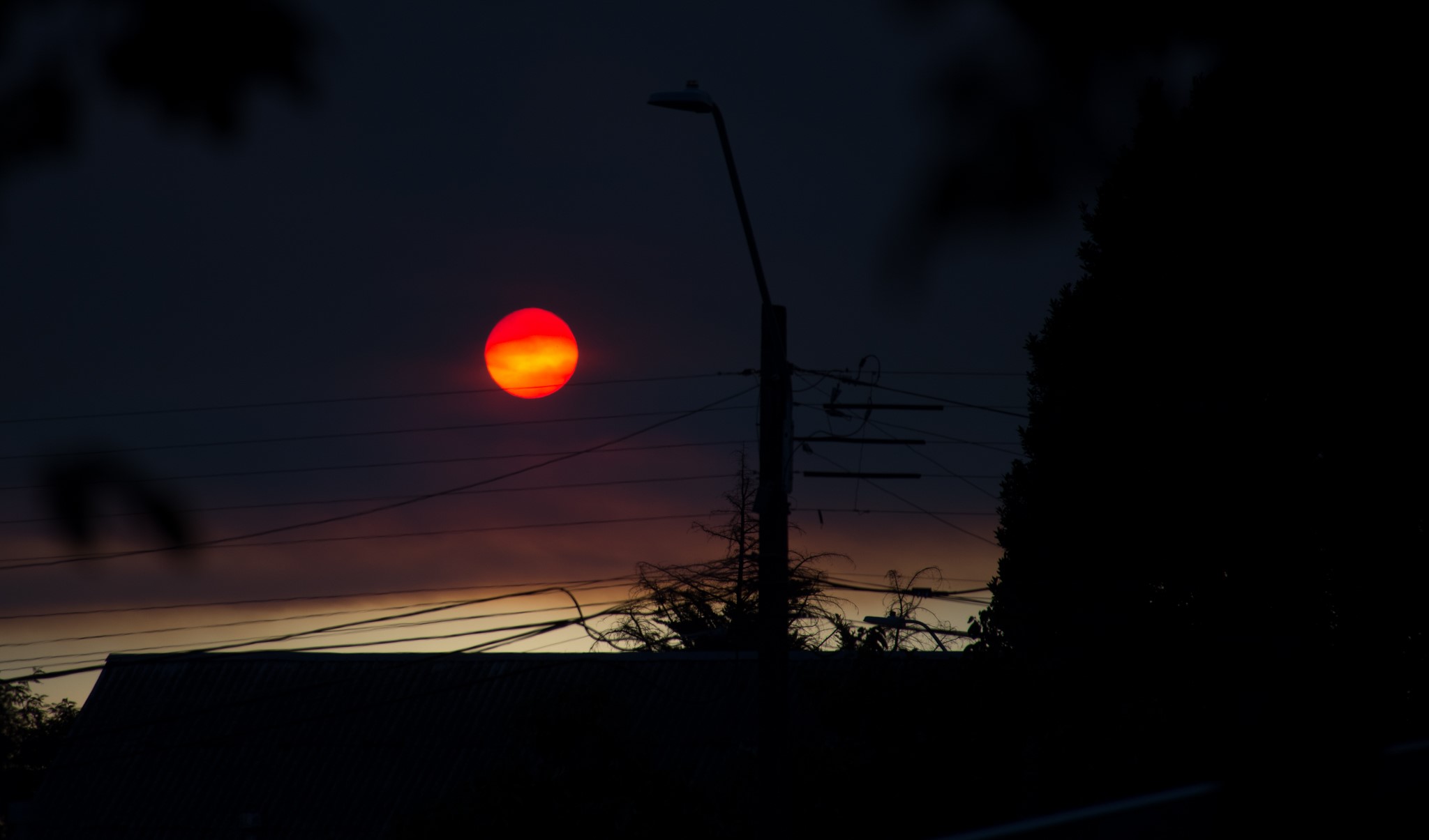 smoke, red sun, sunset, landscape, silhouette, dark, HD Wallpaper