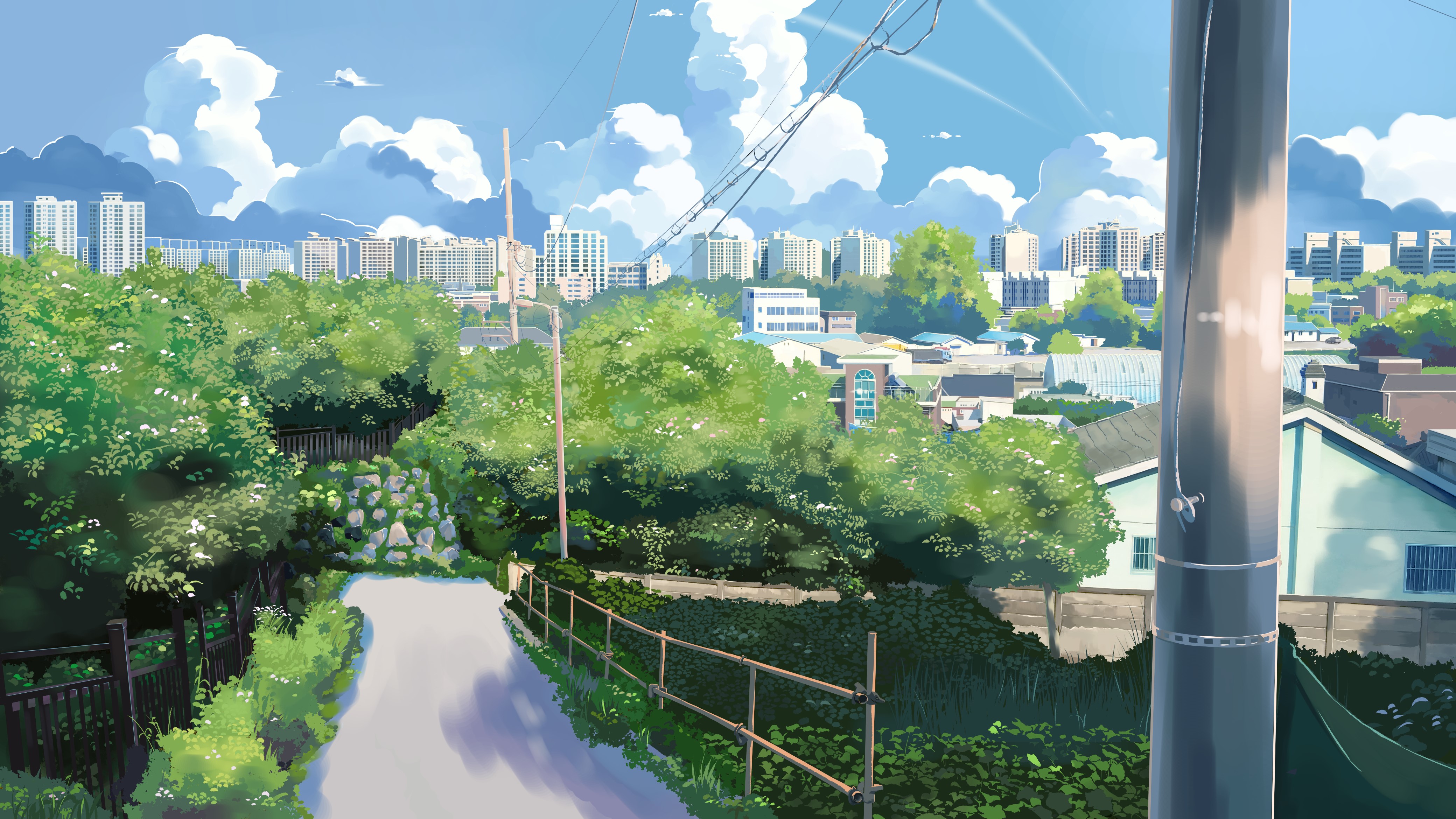 illustration, sky, clouds, city, trees, HD Wallpaper