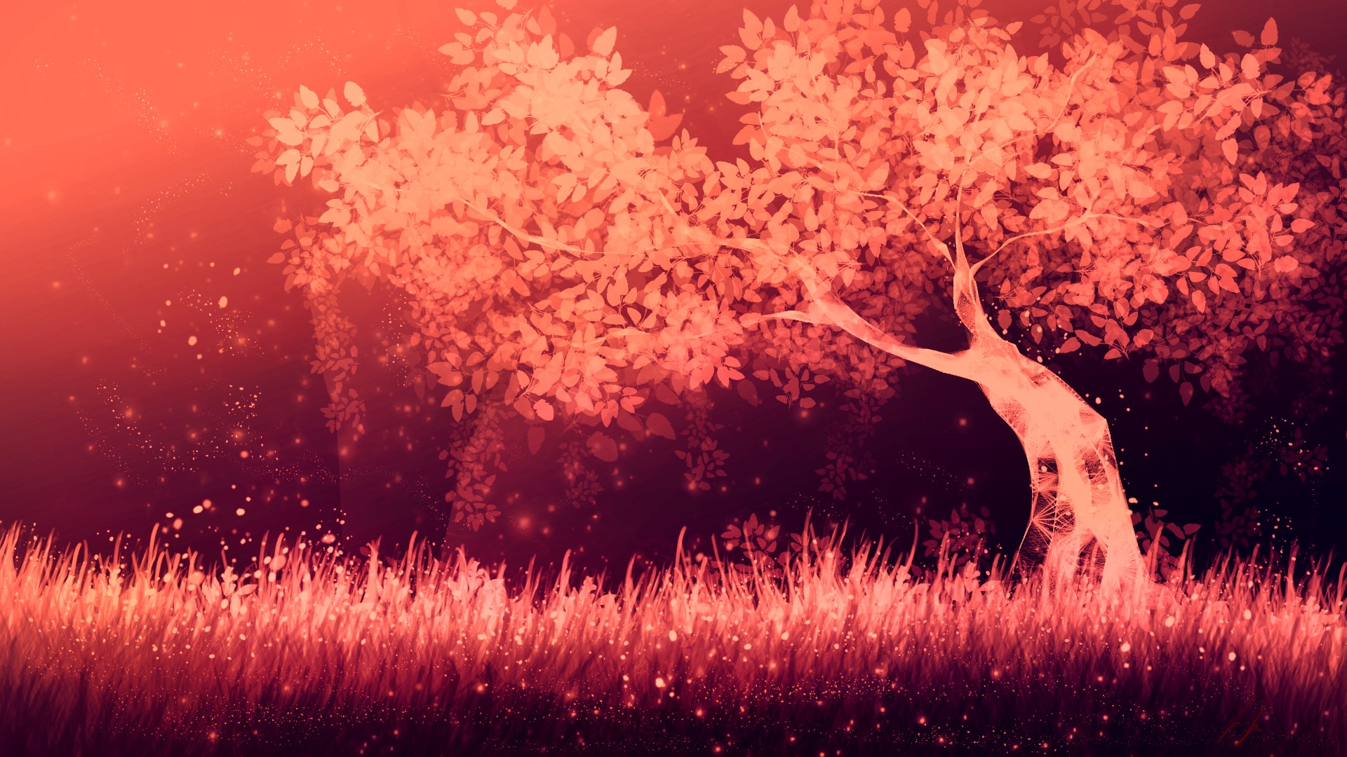 digital art, trees, grass, HD Wallpaper