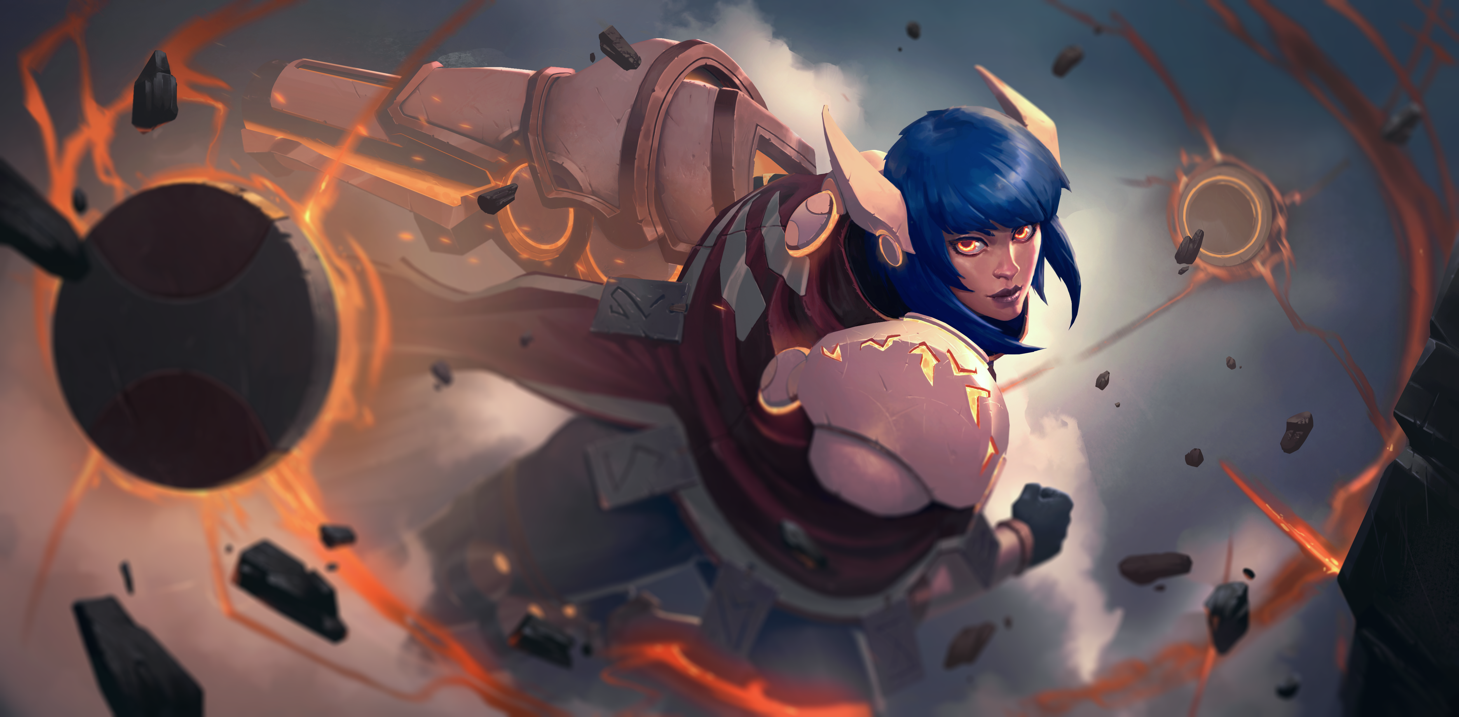 Battlerite, video games, artwork, digital art, looking at viewer, blue hair, science fiction, yellow eyes, warrior, HD Wallpaper