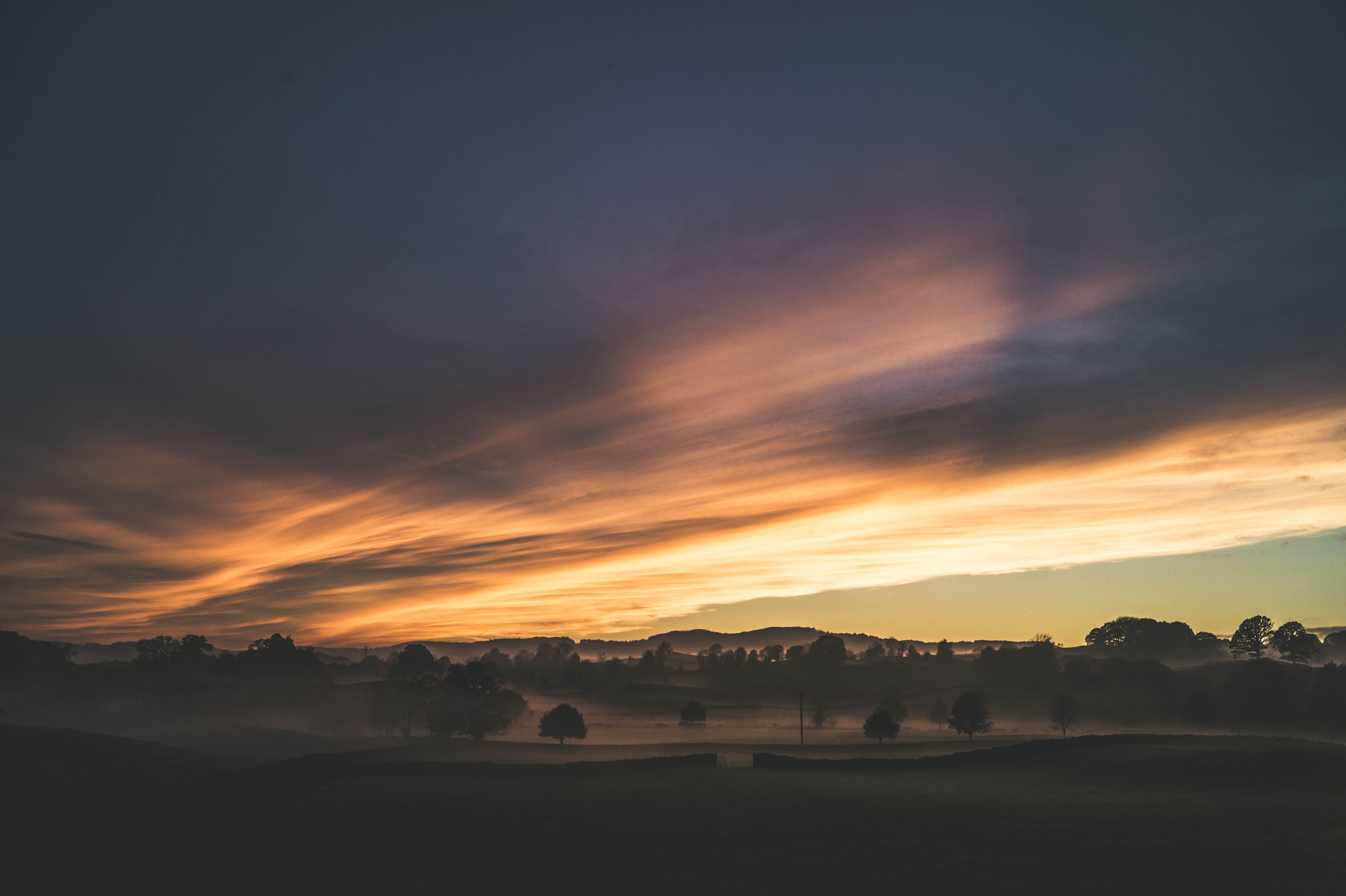 landscape, nature, UK, sky, clouds, trees, mist, HD Wallpaper