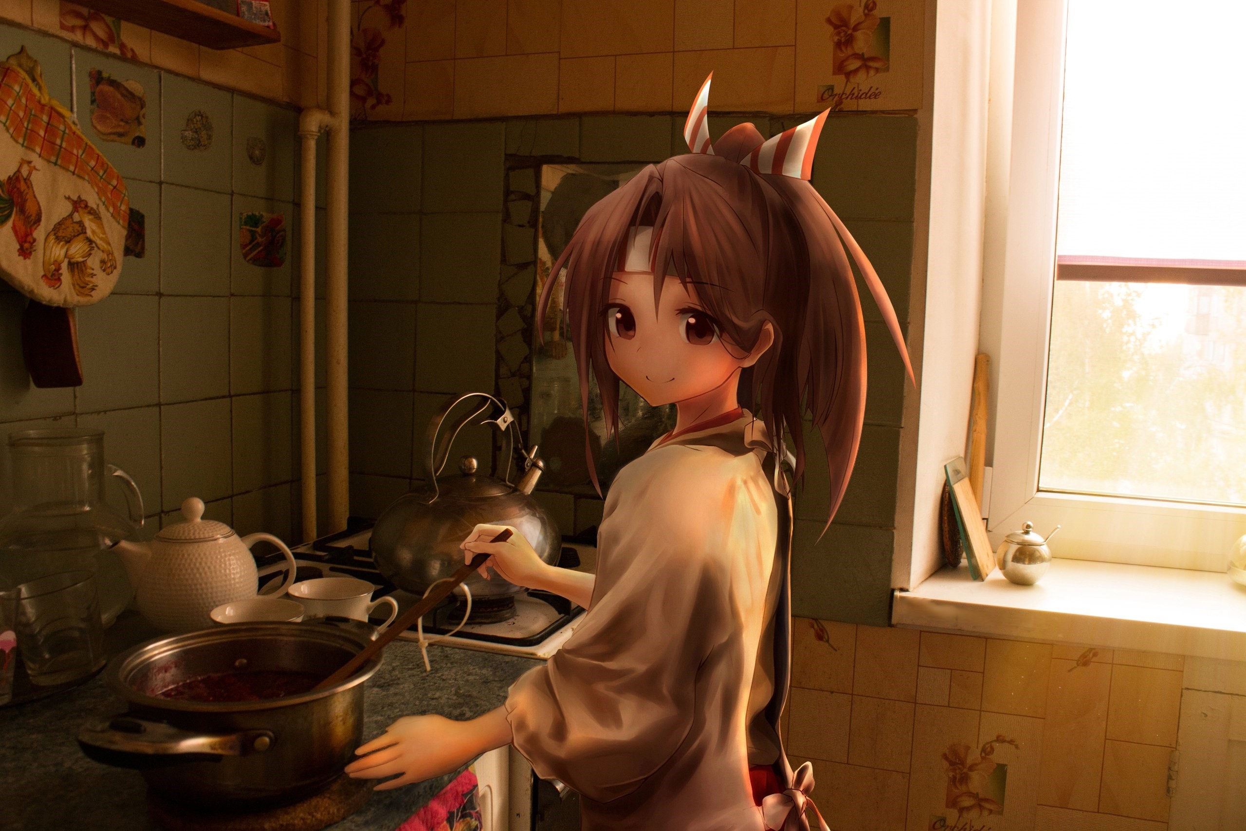 Zuihou (KanColle), Kantai Collection, hair ornament, anime, women, kitchen, smiling, HD Wallpaper