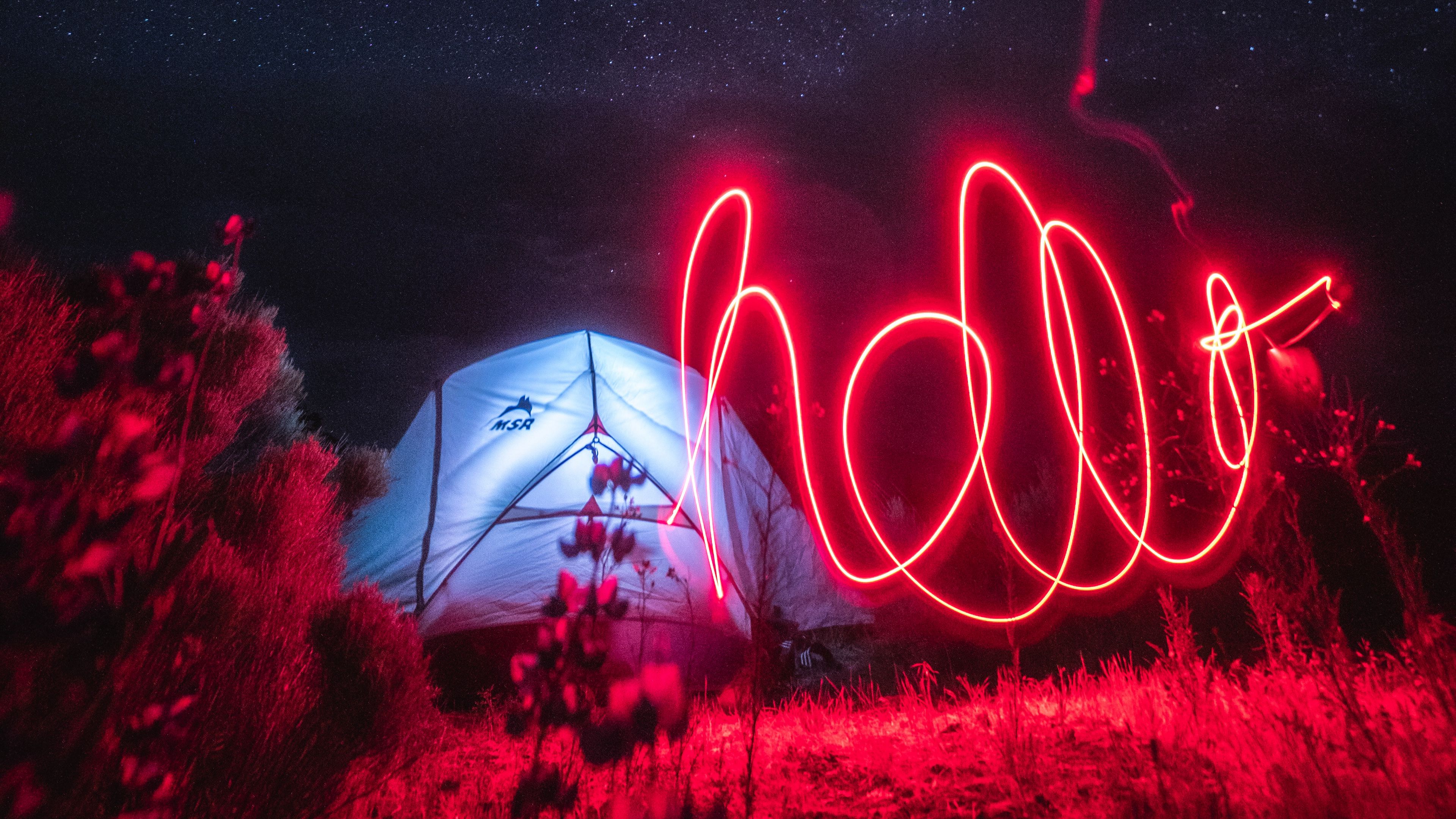 neon, light, long exposure, movement, night, red, 4k, HD Wallpaper