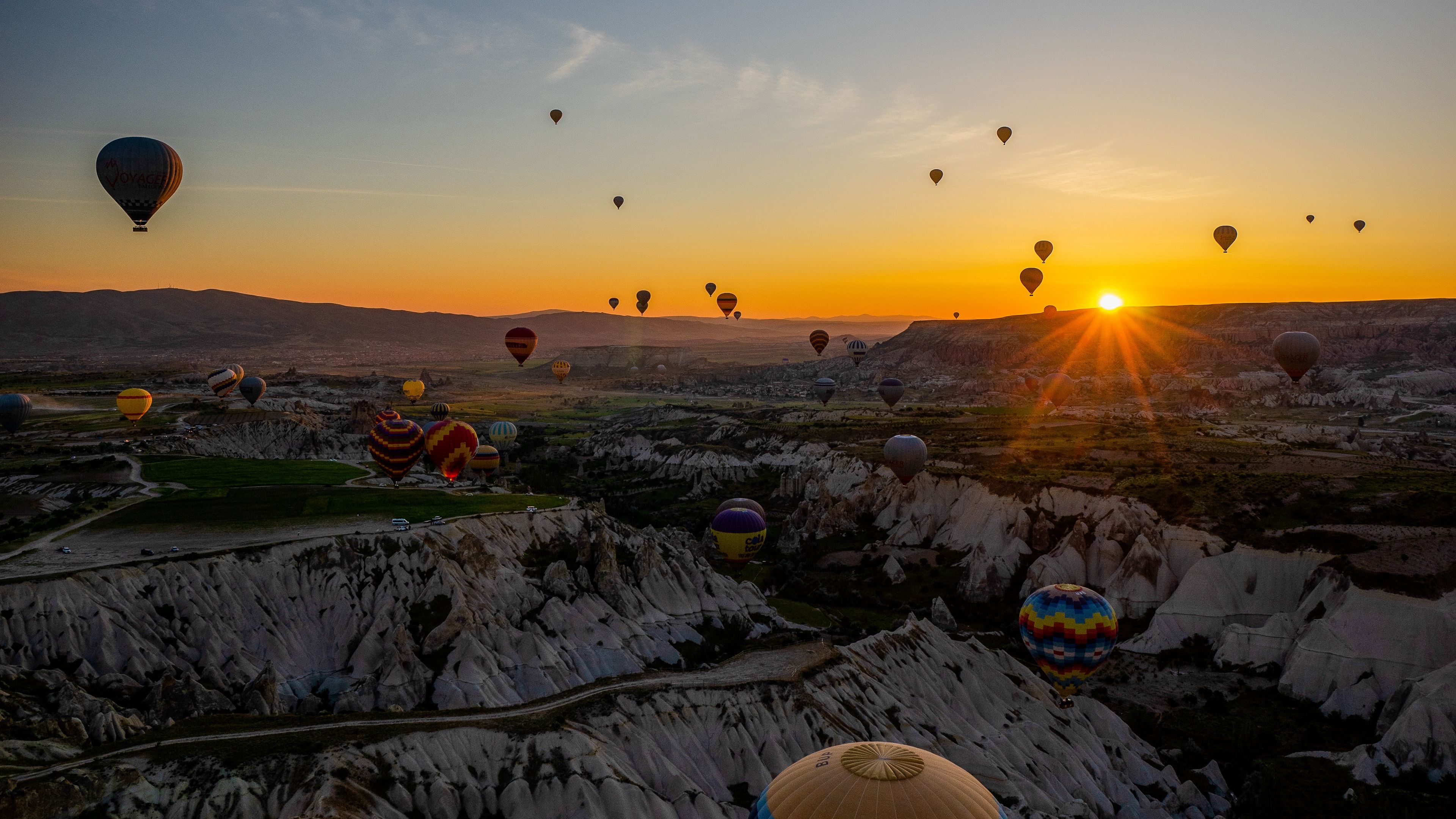 air balloons, mountains, sunrise, aerial view, landscape, 4k, HD Wallpaper