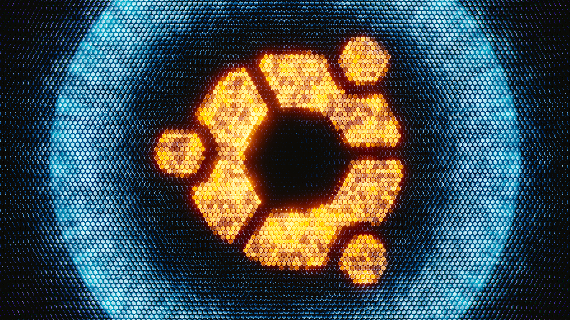 Ubuntu, logo, Linux, glowing, hexagon, cyan, orange, HD Wallpaper