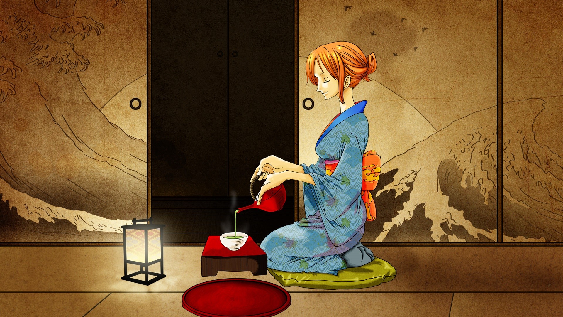 One Piece, anime, anime girls, tea, kimono, kneeling, Asia, HD Wallpaper