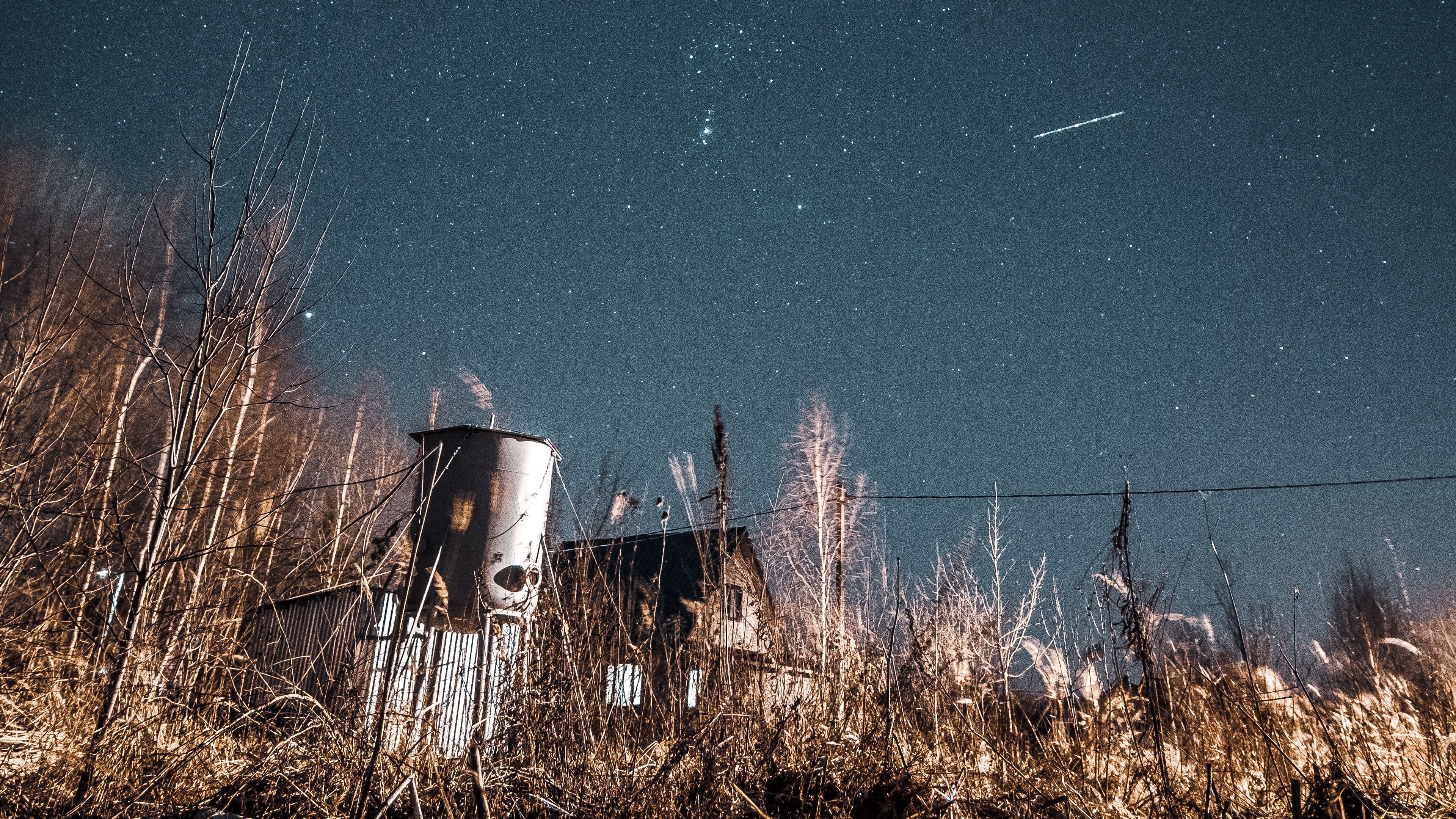night, starry sky, bushes, buildings, abandoned, countryside, 4k, HD Wallpaper