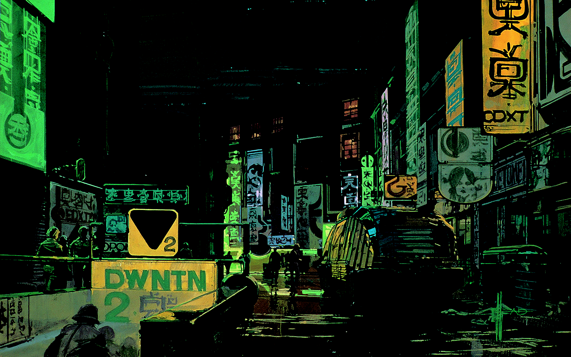 neon, city, night, artwork, green, HD Wallpaper