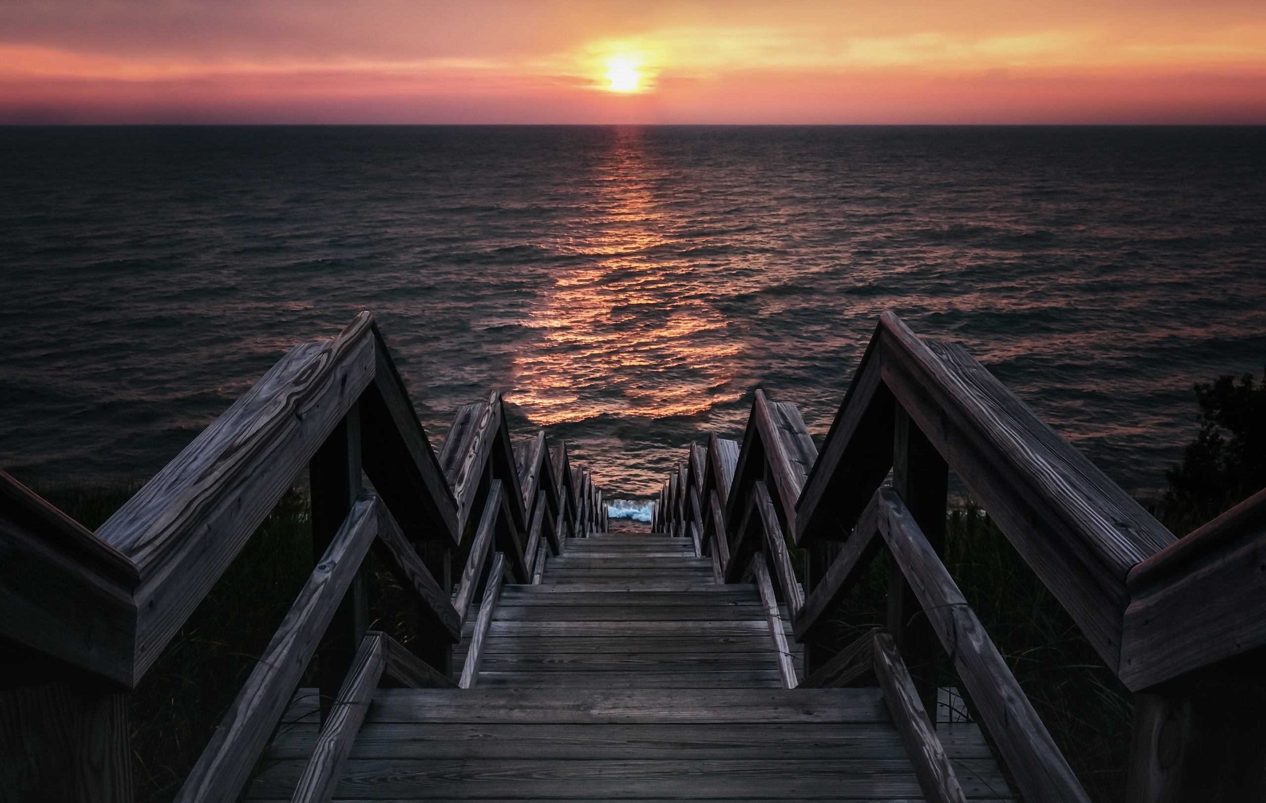 sea, pier, Sun, water, horizon, HD Wallpaper
