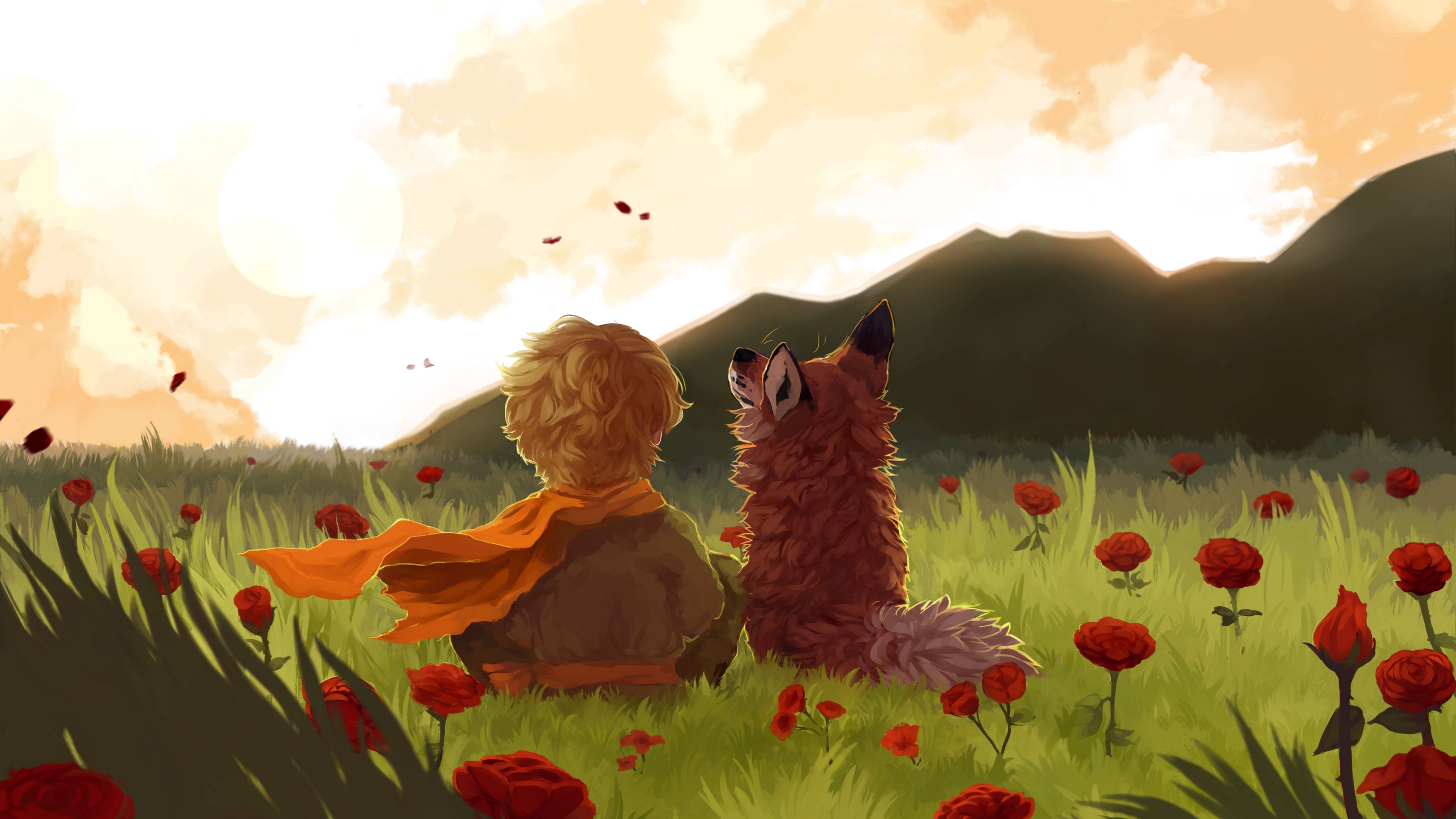 child, fox, art, field, flowers, mountains, landscape, 4k, HD Wallpaper