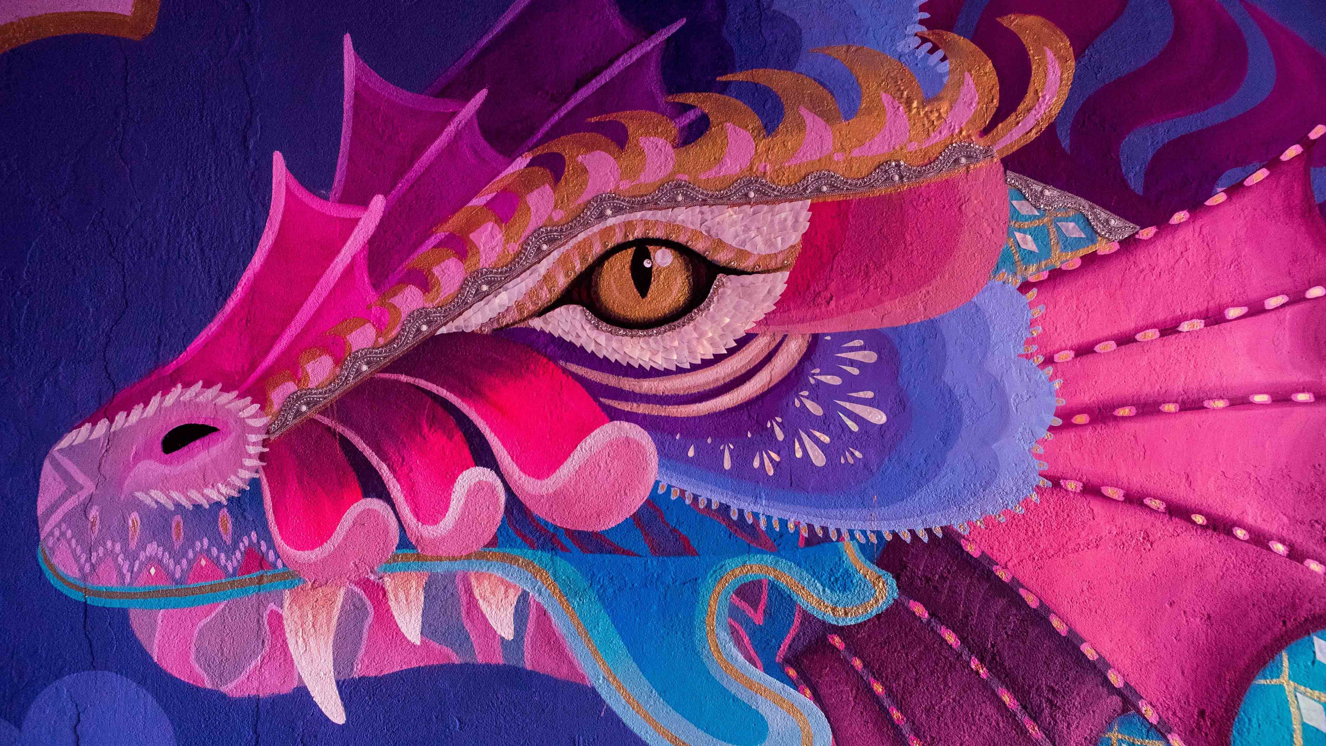 dragon, artwork, mural, wall, eyes, pink, purple, fangs, HD Wallpaper