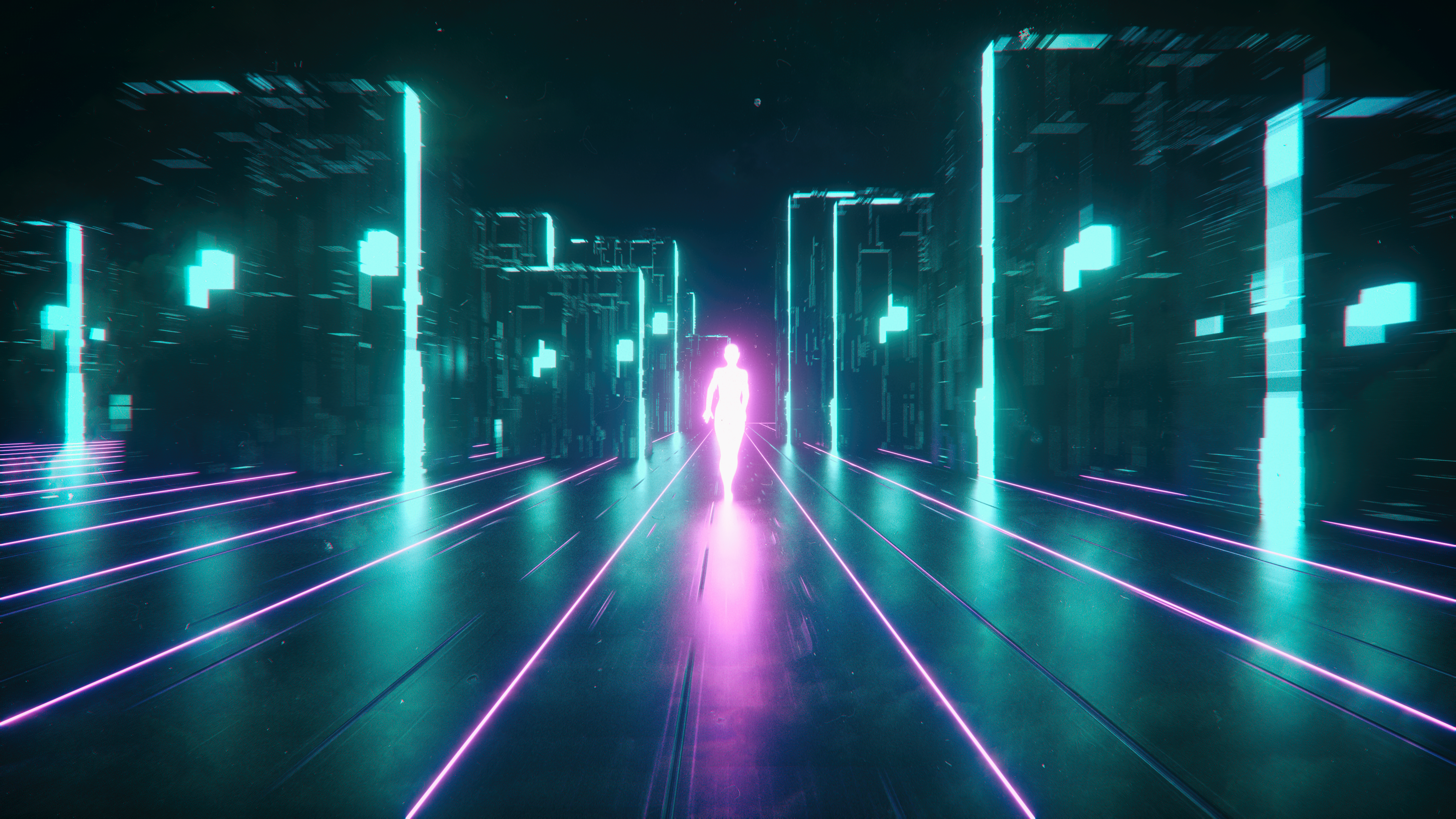neon, cyberpunk, artwork, dark, digital art, pink, turquoise, cyan, HD Wallpaper