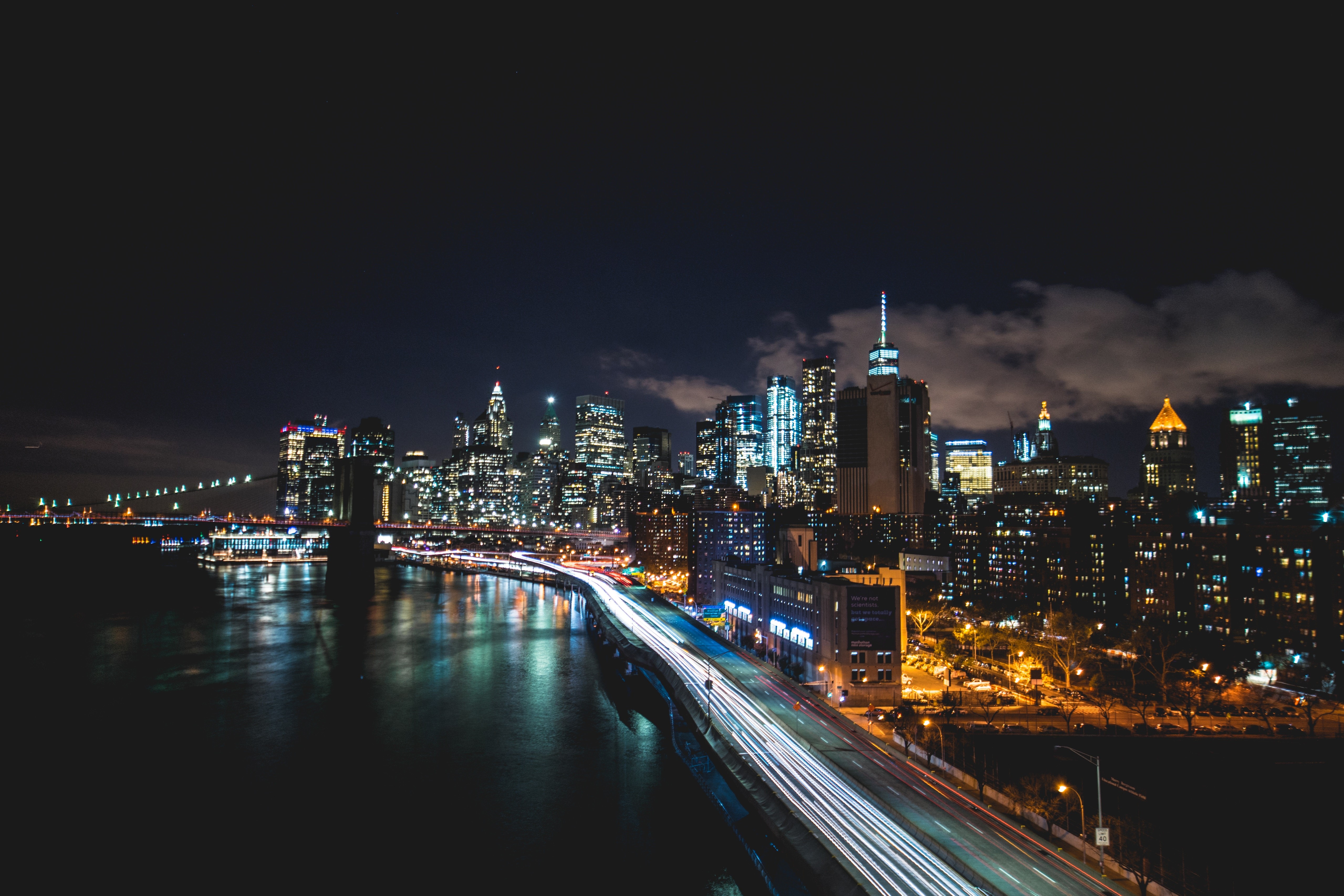 city, lights, road, car, clouds, night, New York City, Brooklyn Bridge, One World Trade Center, HD Wallpaper