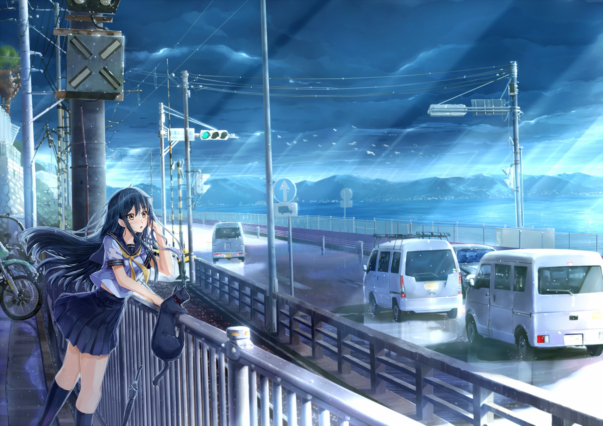 school uniform, sky, cats, long hair, car, anime, sea, mountains, cyan, blue, HD Wallpaper