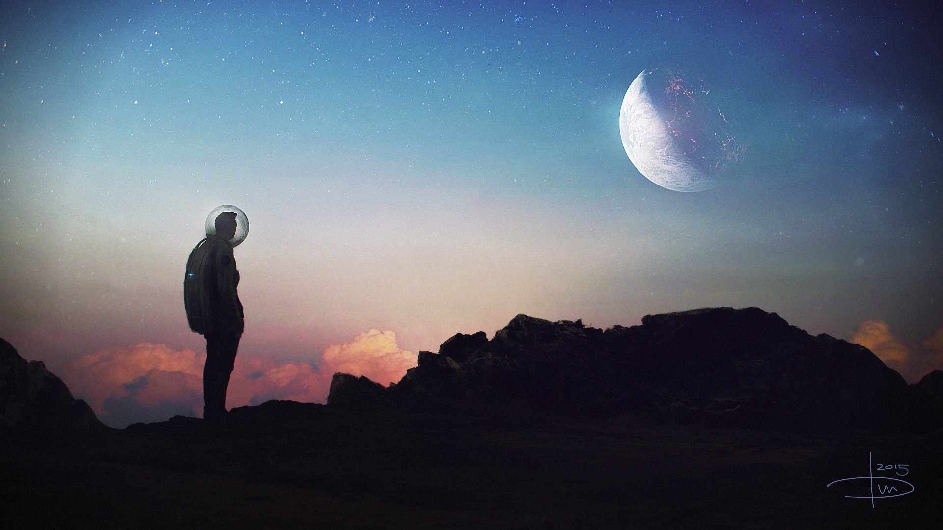 mountains, planet, astronaut, men, night, fantasy art, digital art, Dmitry Bogolyubov, HD Wallpaper