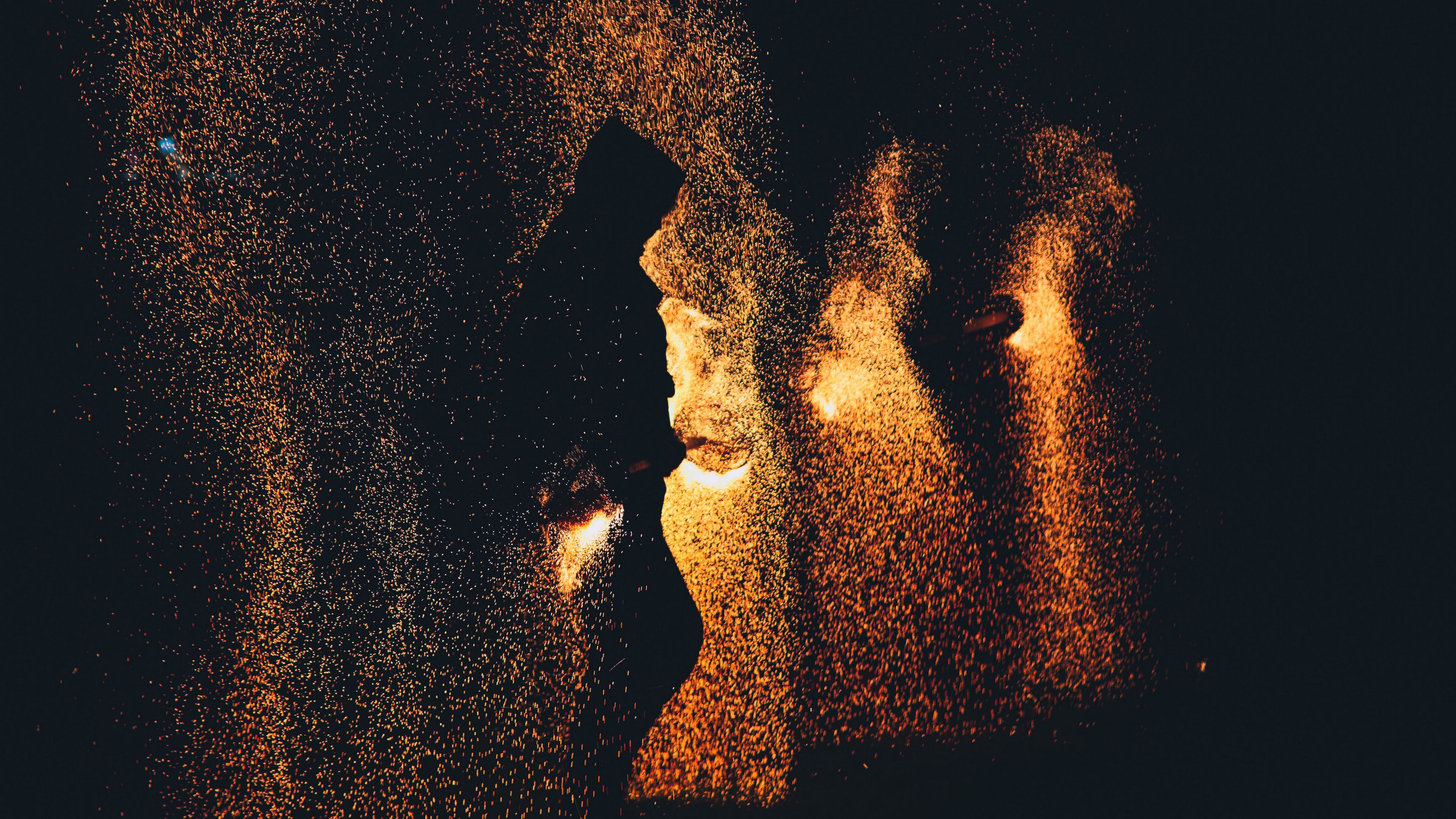 silhouette, torches, sparks, fire, fire show, dark, 4k, HD Wallpaper