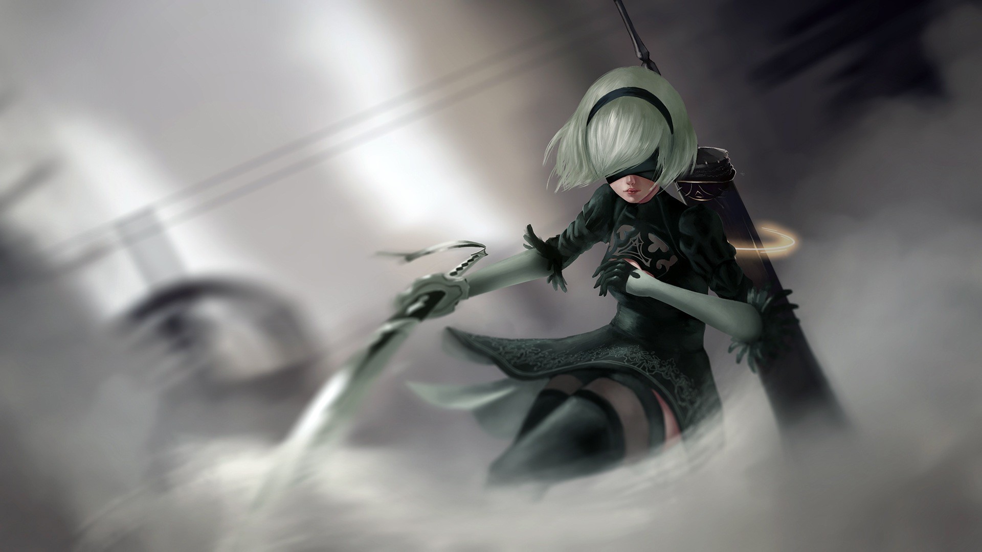 Nier: Automata, NieR, 2B, 2B (Nier: Automata), video games, women, thigh-highs, white hair, katana, sword, digital art, artwork, HD Wallpaper