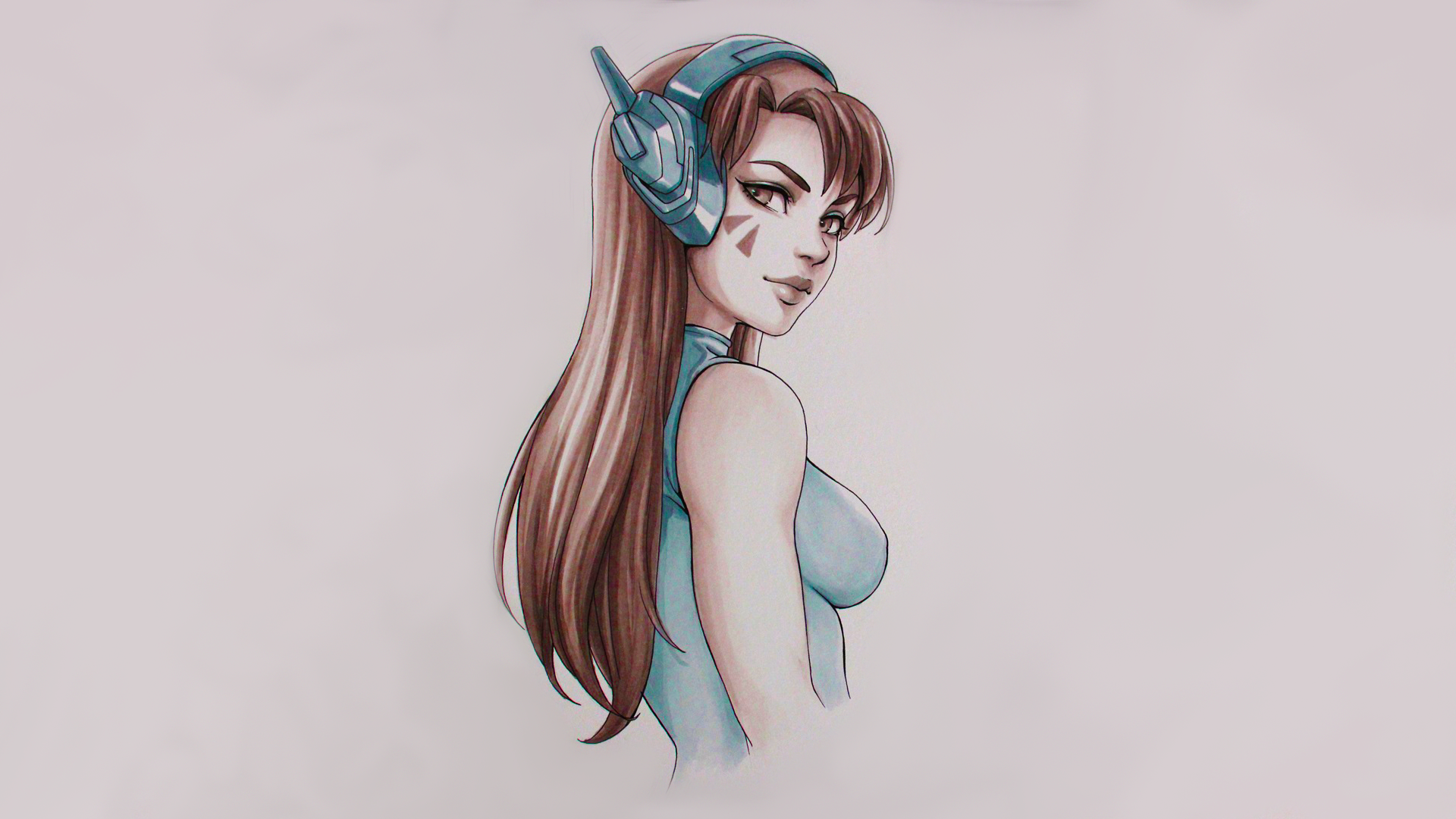 Overwatch, women, D.Va (Overwatch), long hair, looking back, headphones, dandon fuga, drawing, video games, casual, tight clothing, HD Wallpaper