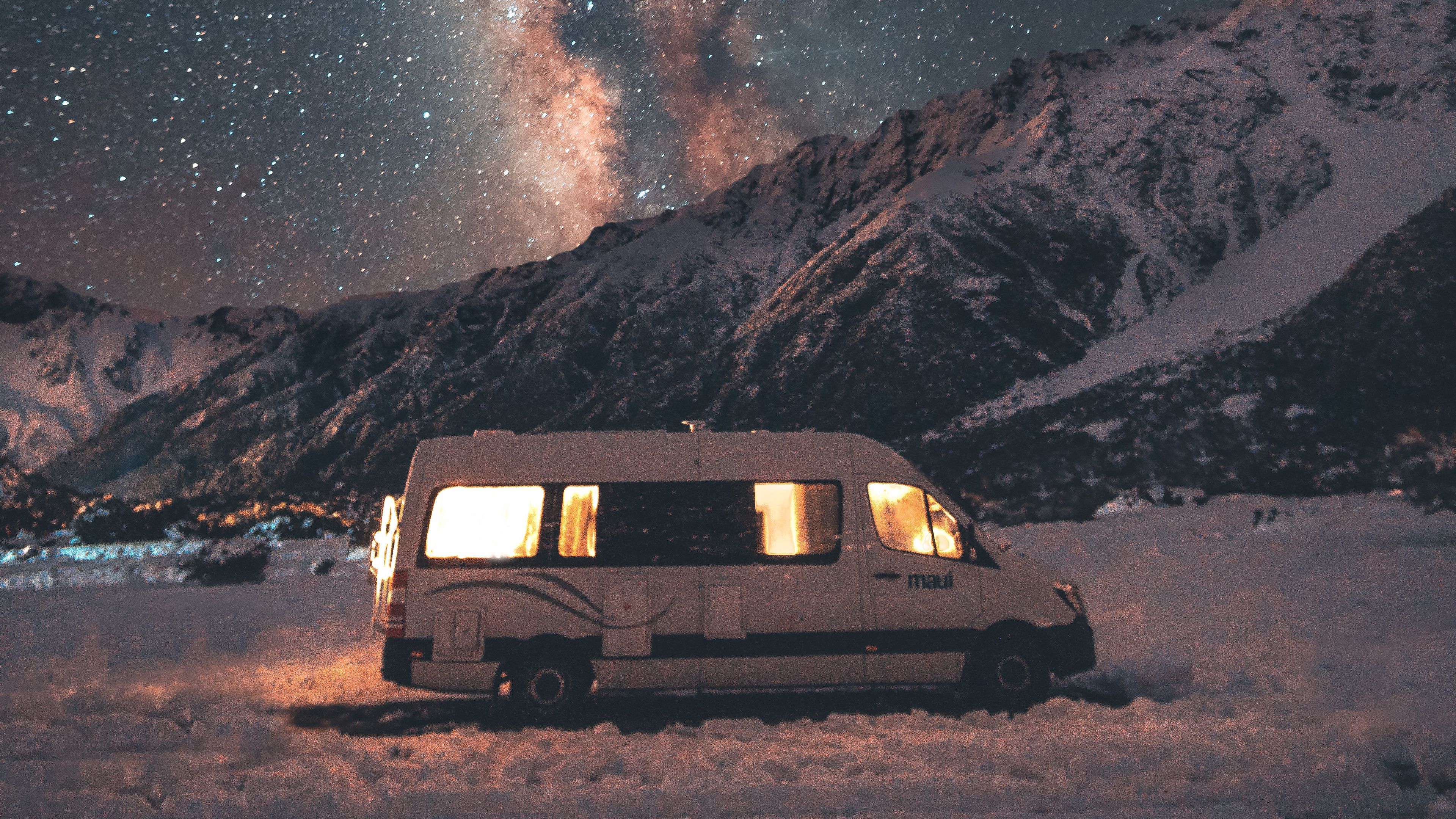 van, mountains, night, starry sky, landscape, travel, 4k, HD Wallpaper
