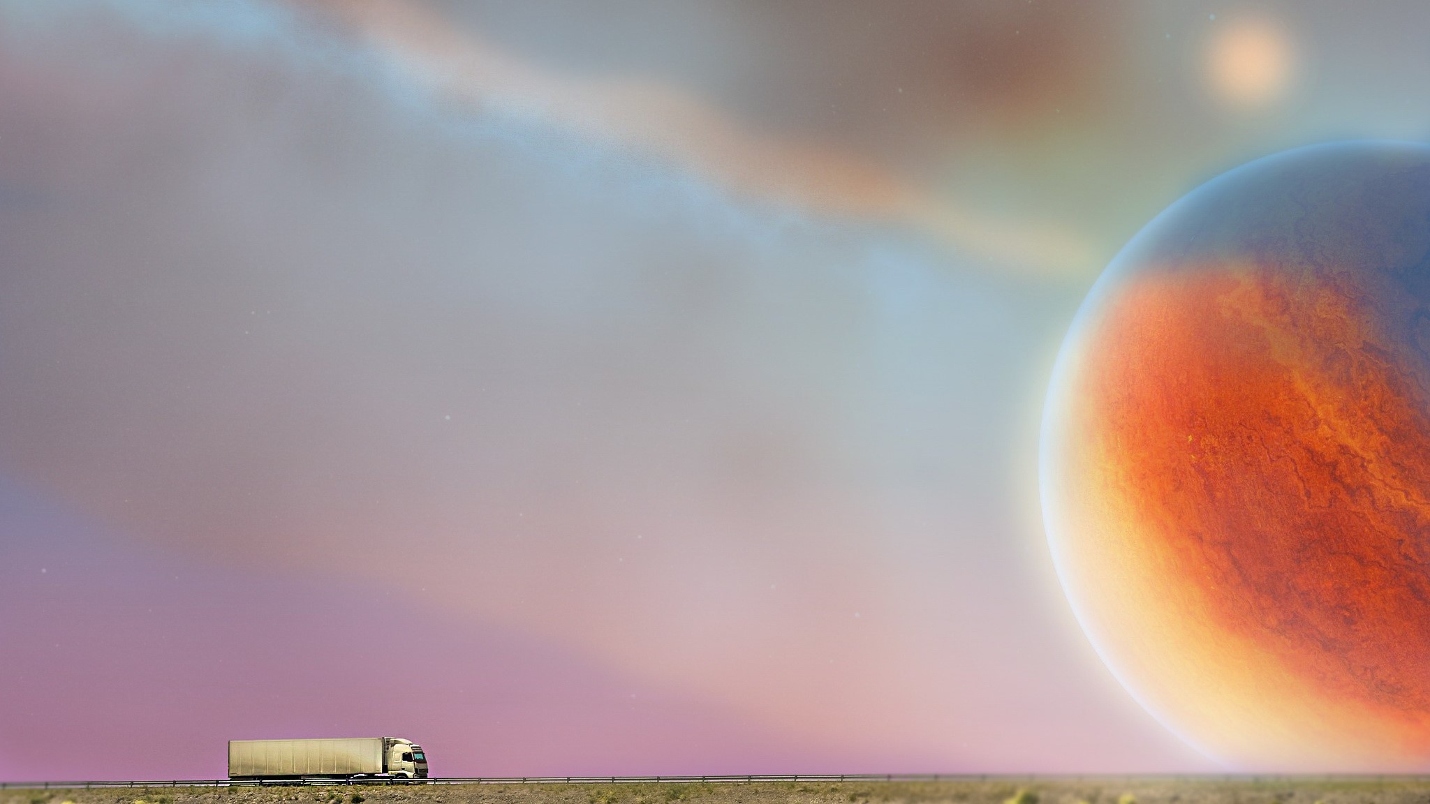 photo manipulation, space, digital art, trucks, planet, pink, orange, HD Wallpaper