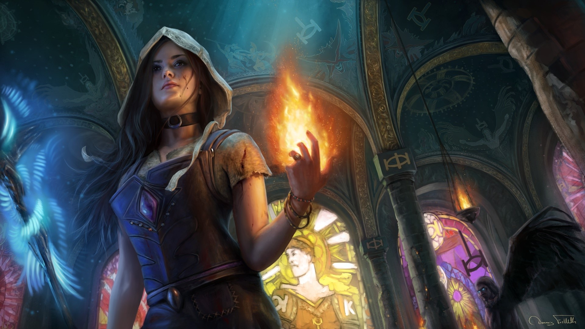 Path of Exile, video games, artwork, digital art, women, fantasy art, fire, brunette, choker, long hair, magic, HD Wallpaper