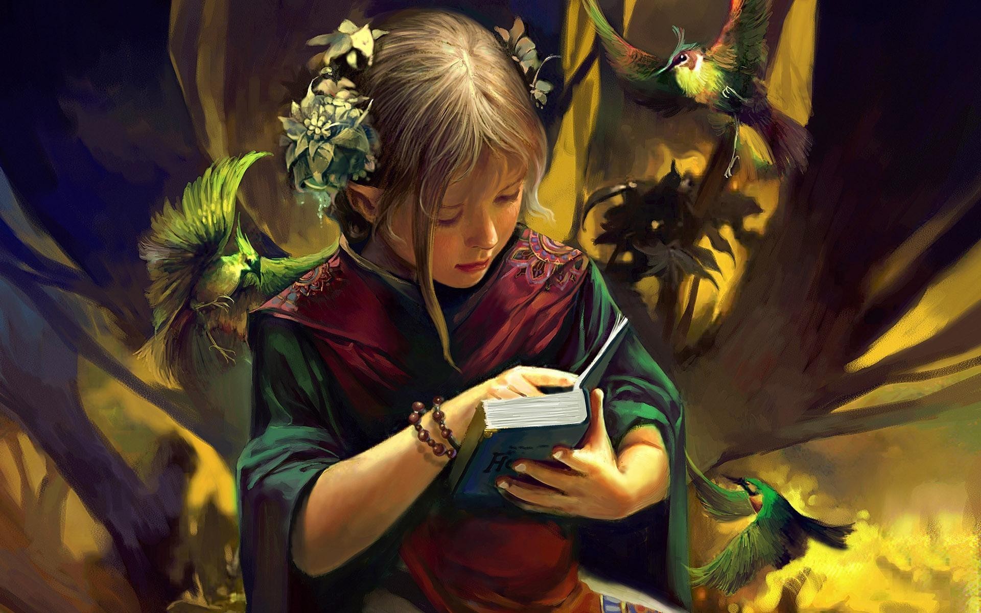 artwork, fantasy art, birds, books, HD Wallpaper