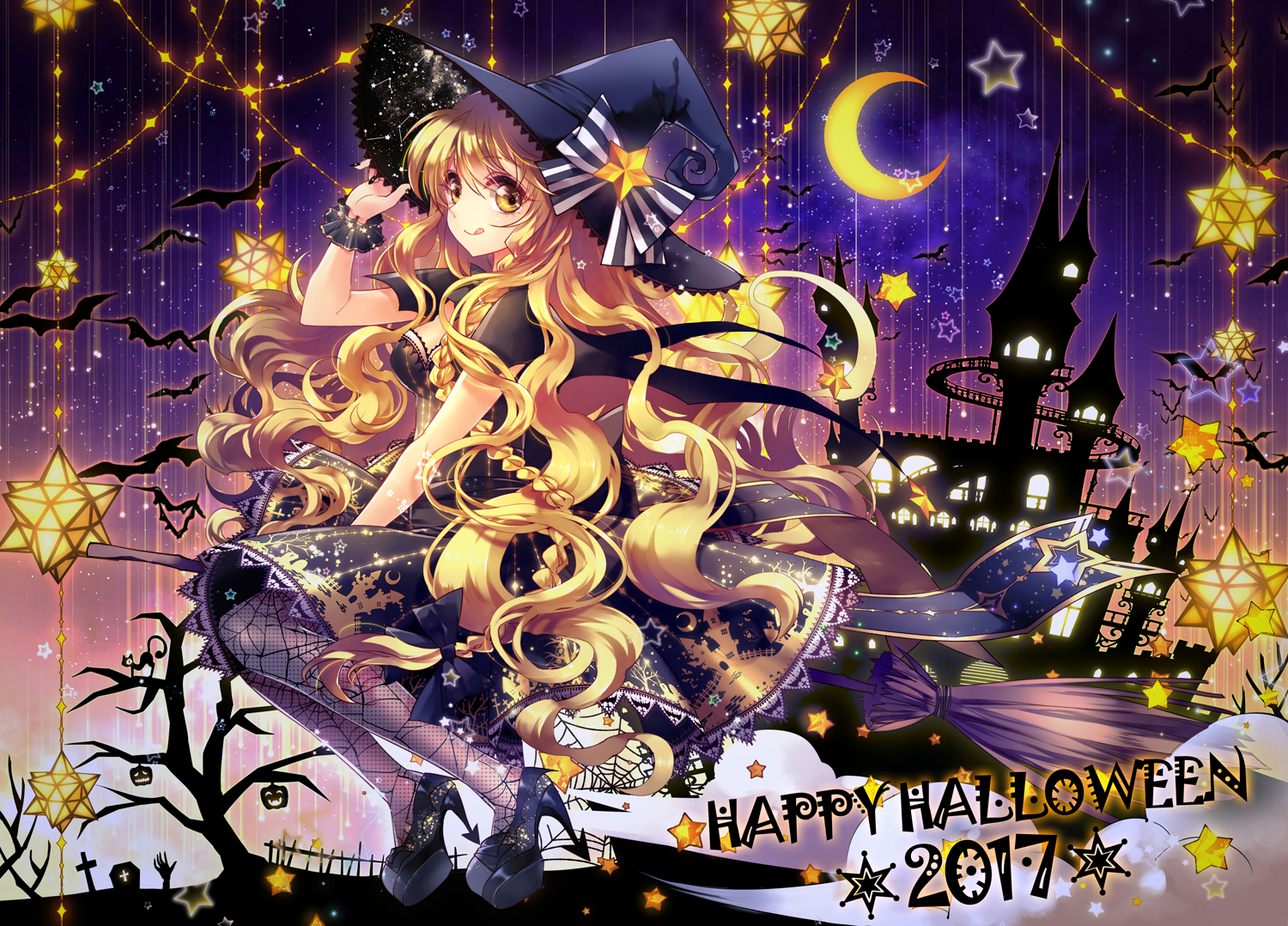 Halloween, witch hat, hat, witch, night, animals, bats, blonde, hair bows, braids, long hair, Moon, pantyhose, silhouette, Touhou, wristband, yellow eyes, HD Wallpaper