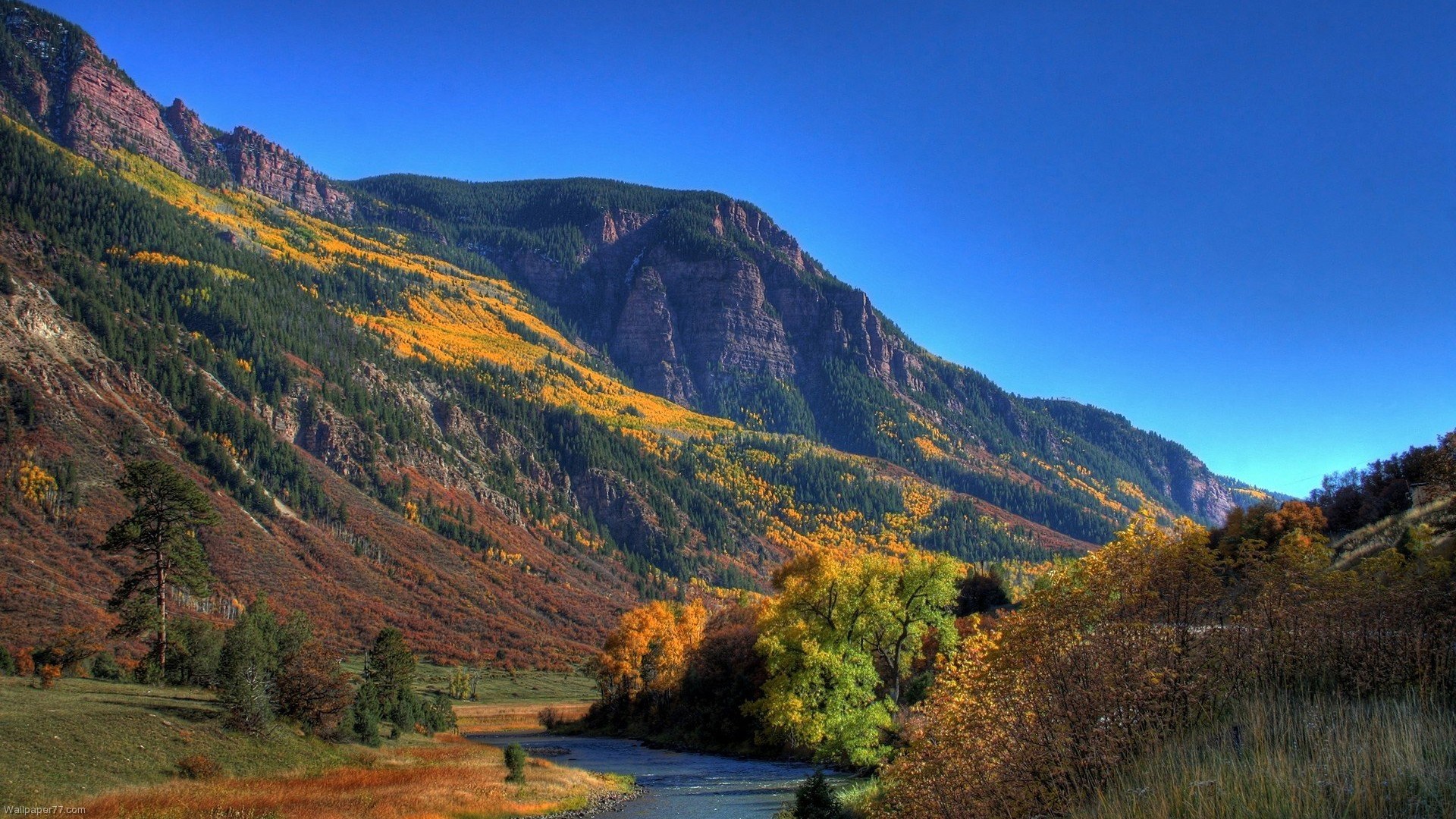 mountains, river, trees, landscape, nature, HD Wallpaper